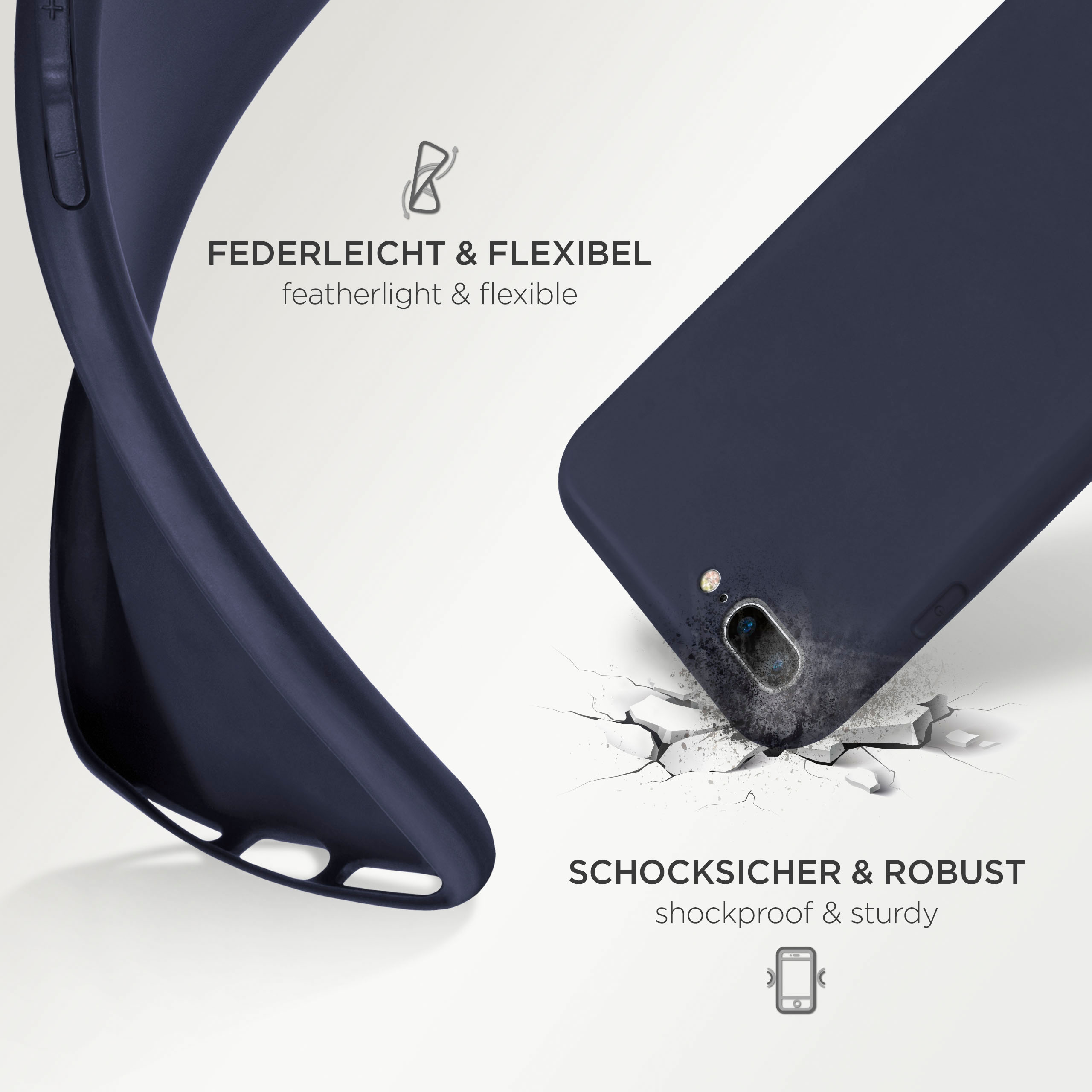 Dunkelblaue Handyhülle, teilweise geöffnet. Text: Federleicht & Flexibel. Stoßfest & Robust.