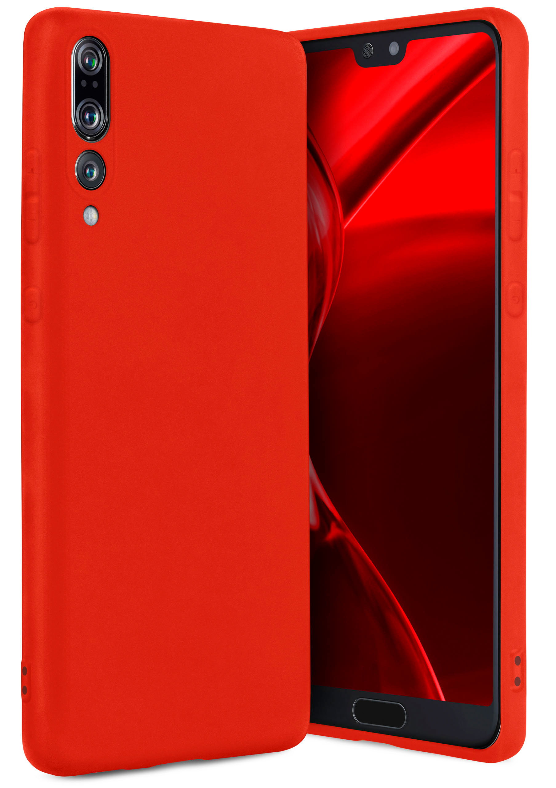 Rote Handyhülle auf einem Telefon. Das Telefon hat einen roten Bildschirm, der Hintergrund ist unscharf.
