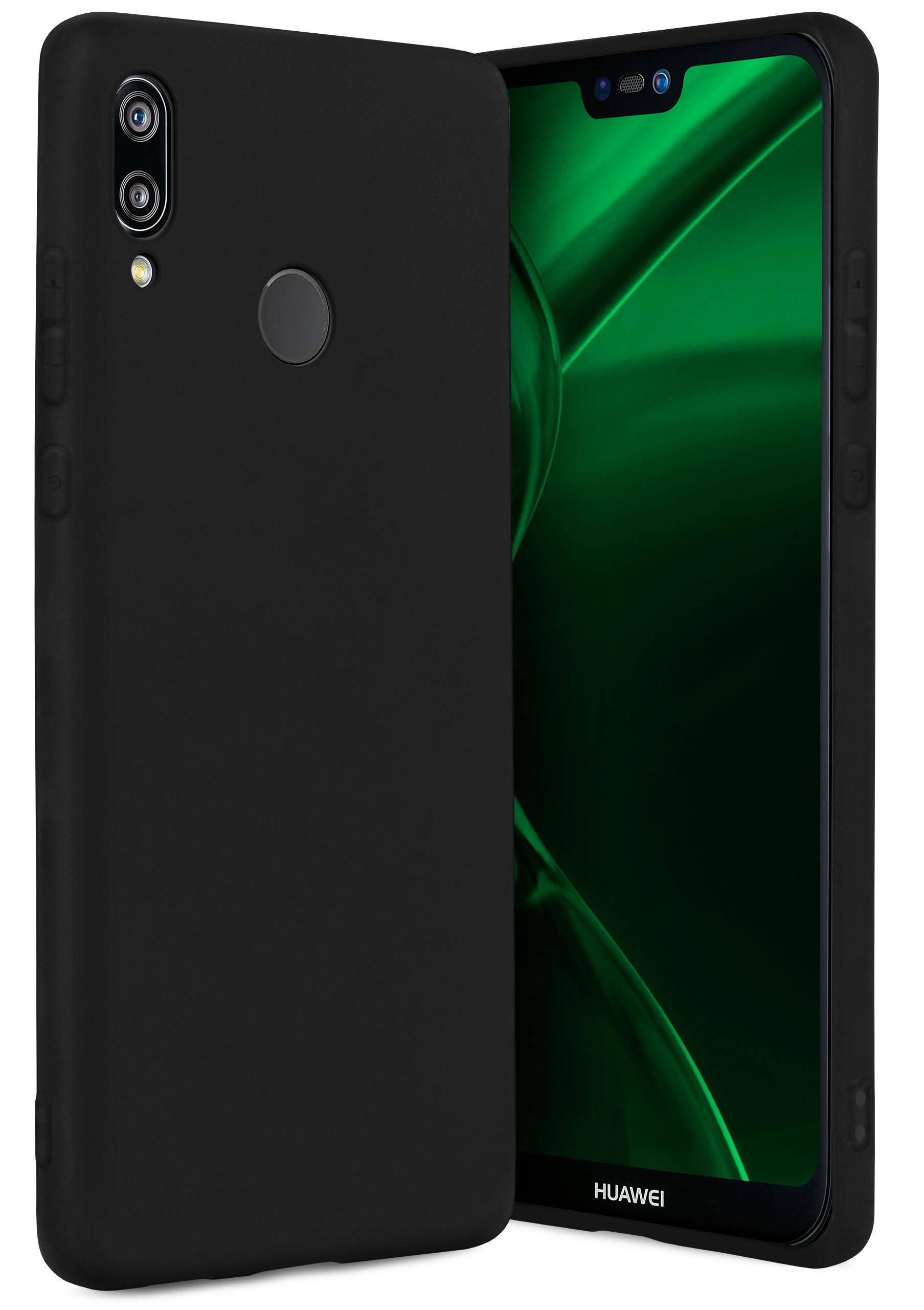 Schwarzes Telefon mit schwarzer Hülle. Grüner Hintergrund auf dem Bildschirm sichtbar.