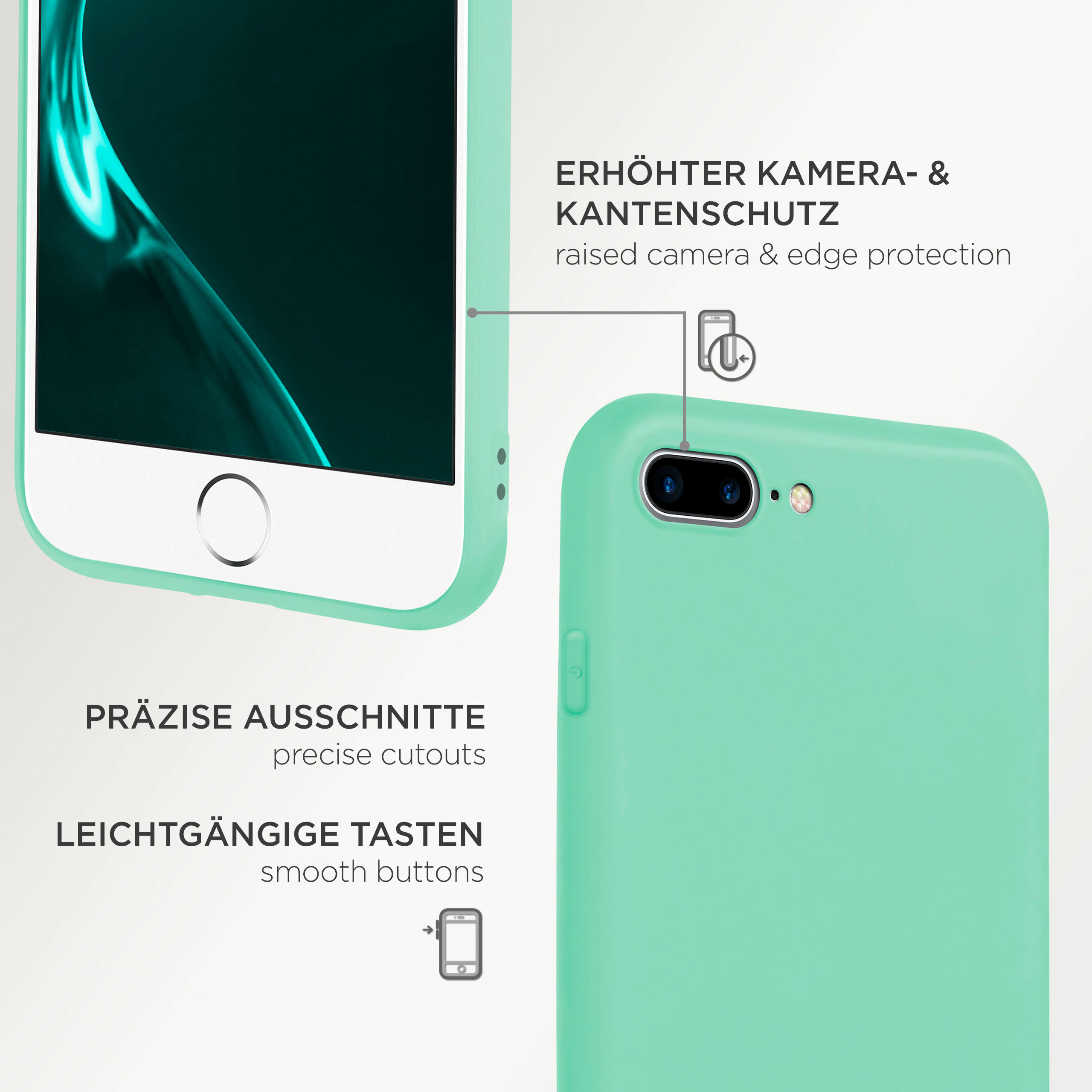 Minzgrüne Handyhülle mit weißem Telefon. Text weist auf erhöhten Kamera- und Kantenschutz hin.