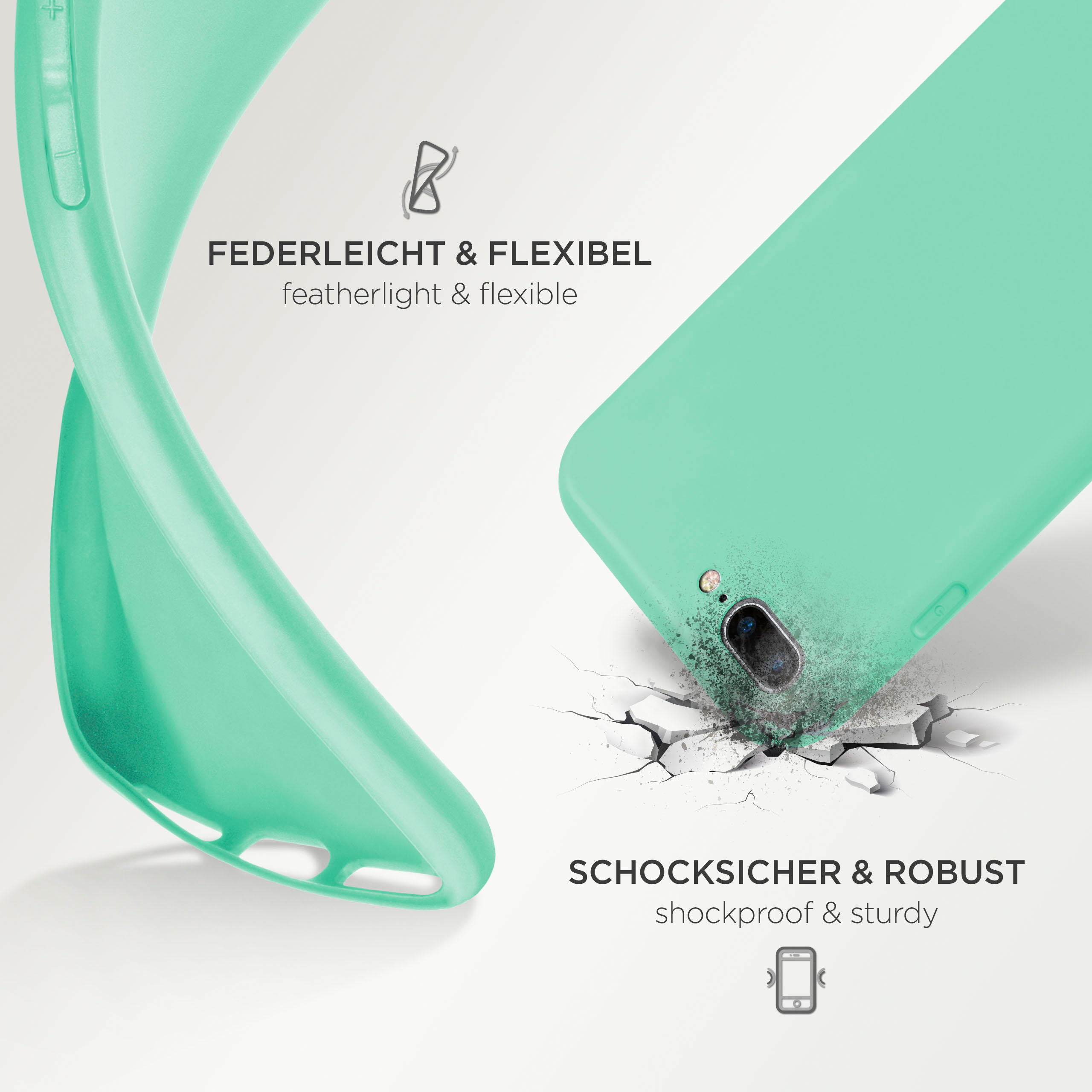 Eine mintgrüne Handyhülle, die Flexibilität mit dem Text 'federleicht & flexibel' und 'stoßfest & robust' zeigt.