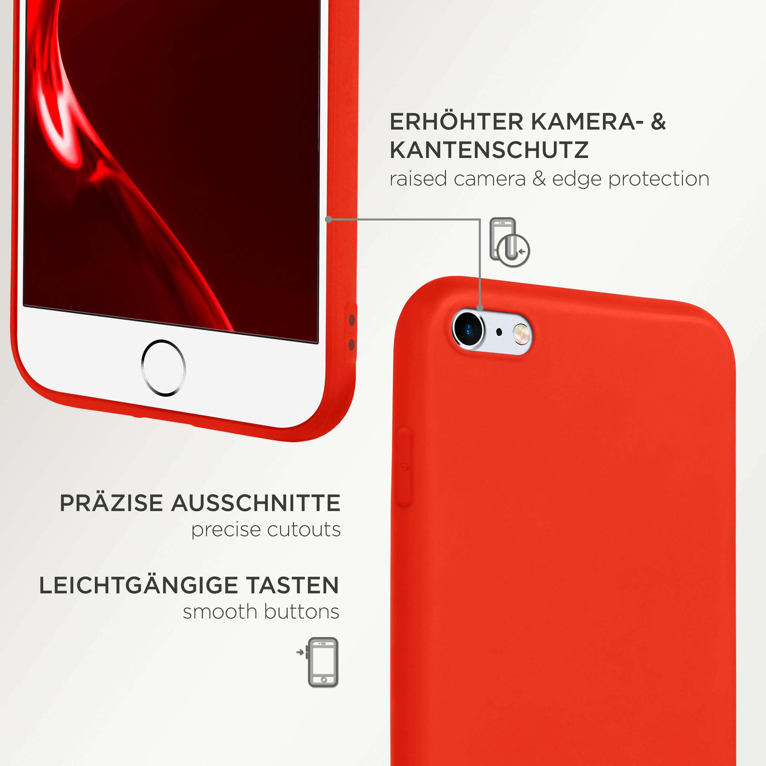 Rote Handyhülle mit Telefon, das Kamera-Ausschnitt und Knöpfe zeigt.