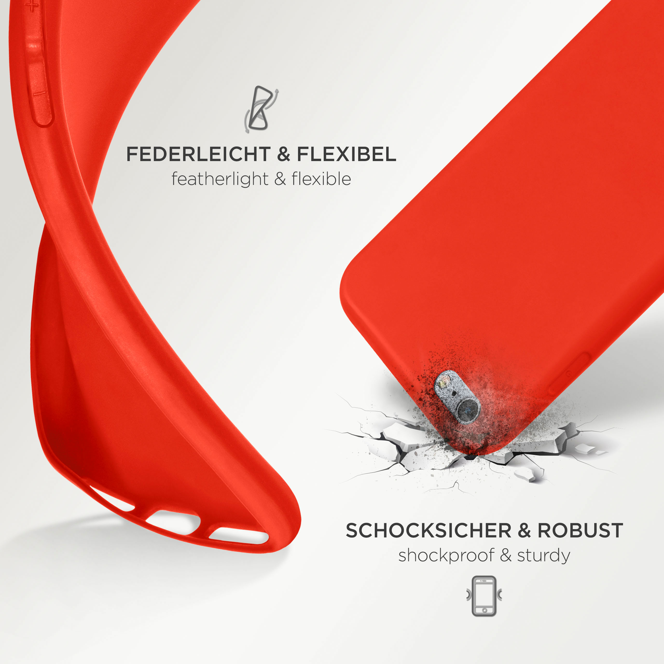 Rote Handyhülle, eine gebogene Form. Text: federleicht & flexibel, stoßfest & robust.
