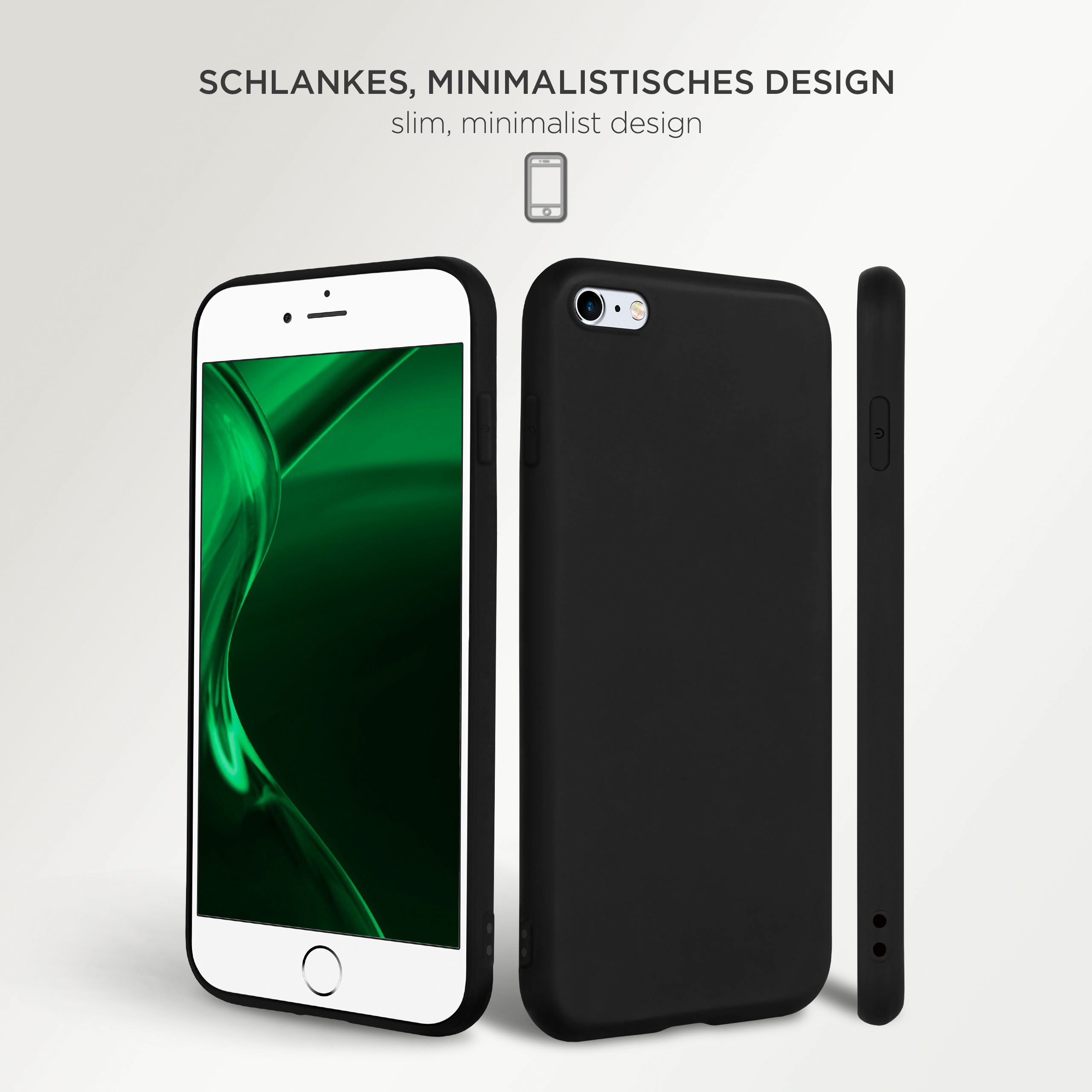 Schwarze Handyhülle mit weißem Telefon. Minimalistisches Design. Weißer Hintergrund.