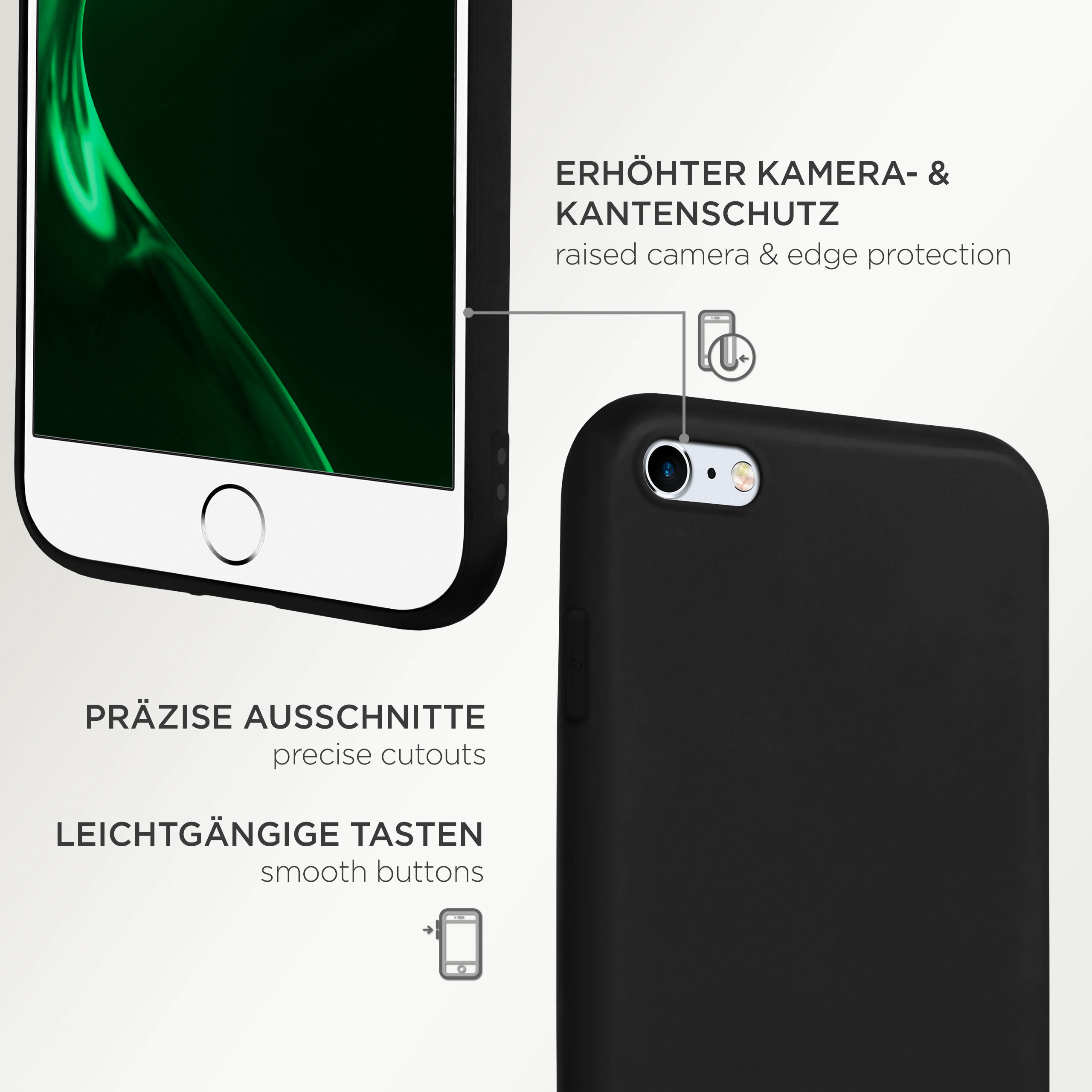 Schwarze Handyhülle mit weißem Bildschirm. Präzise Aussparungen, erhöhter Kameraschutz.