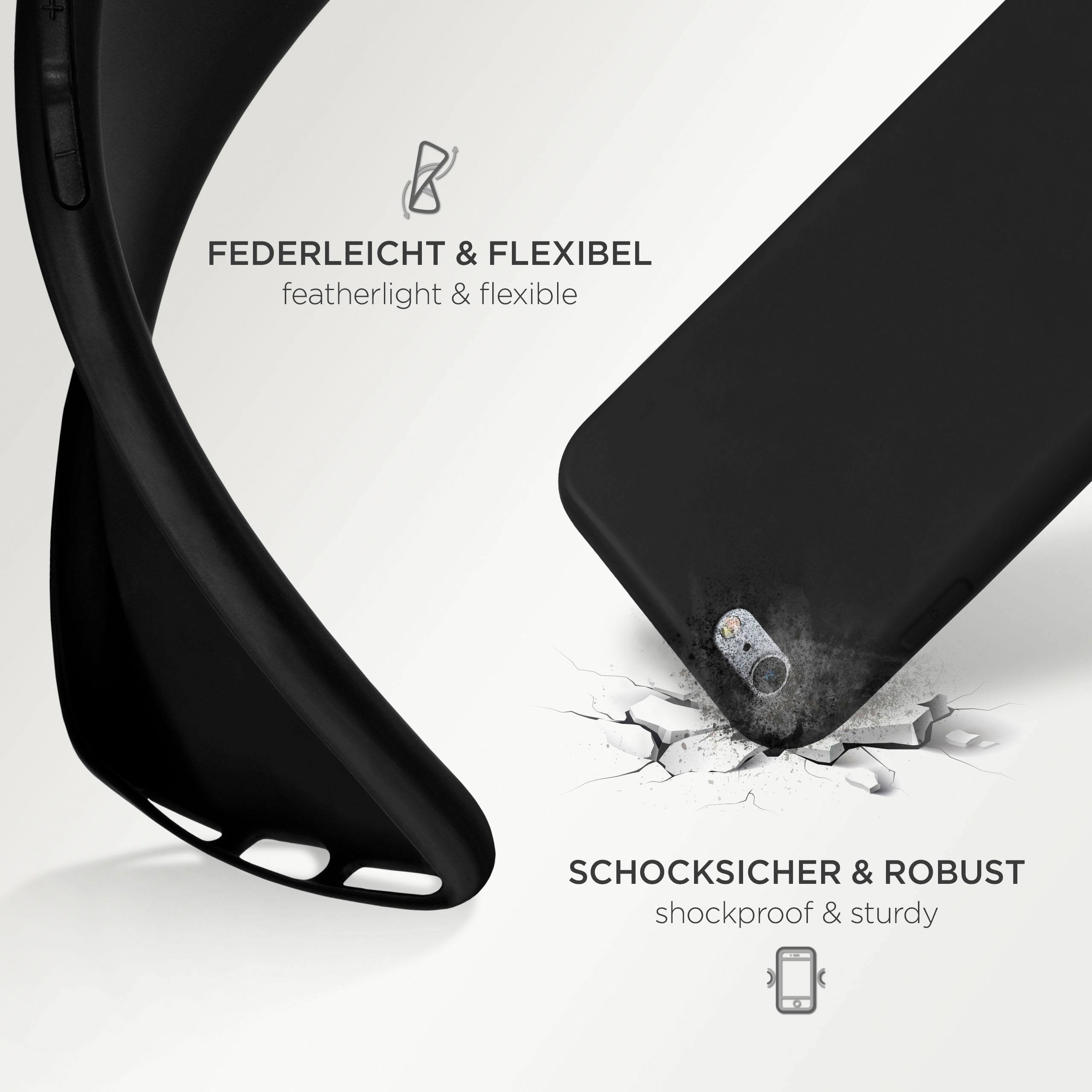 Schwarze Handyhülle ist gebogen und zeigt Flexibilität. Text sagt federleicht und flexibel, stoßfest und robust.