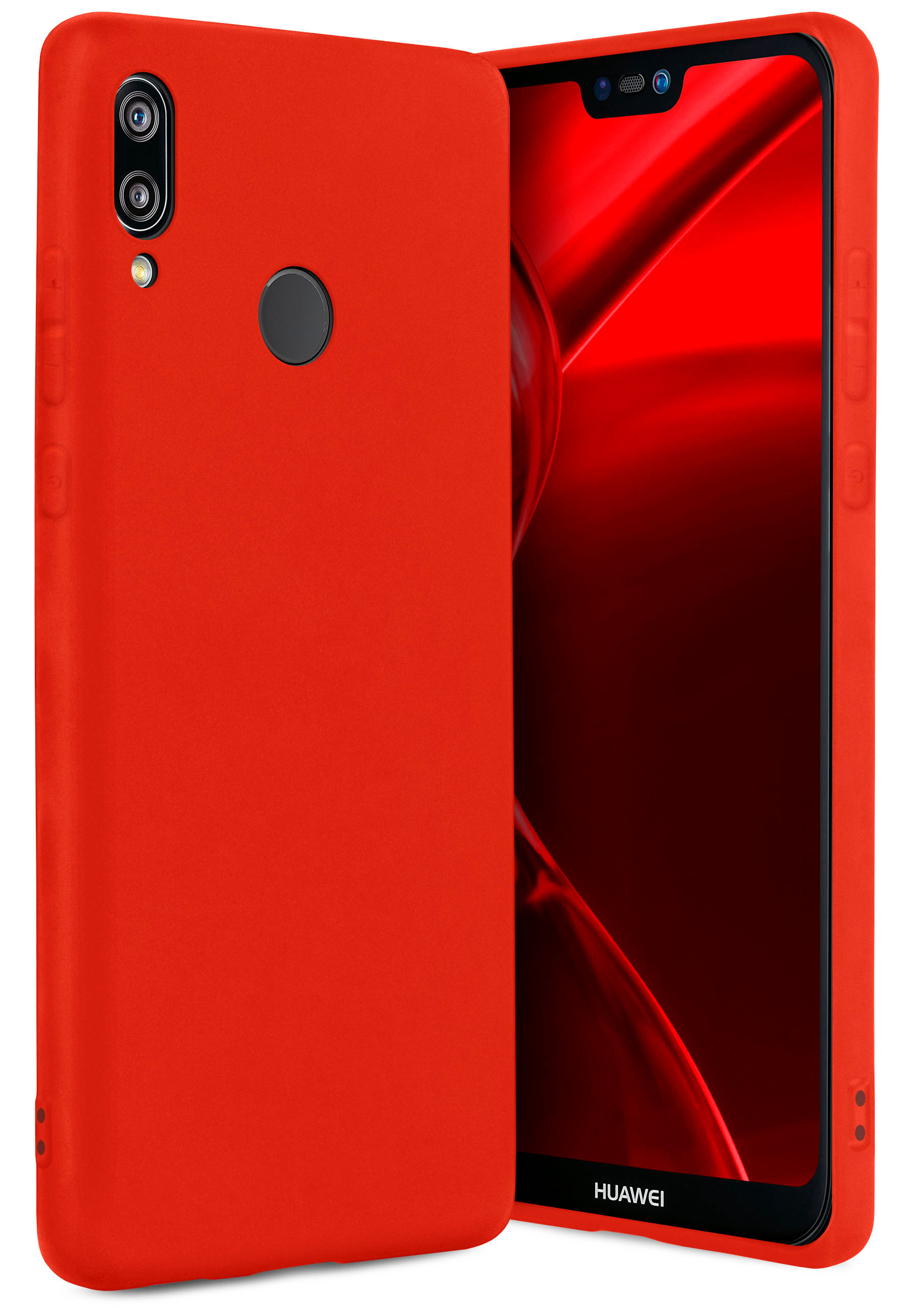 Ein rotes Telefon in einer Hülle, das einen roten Bildschirm anzeigt.