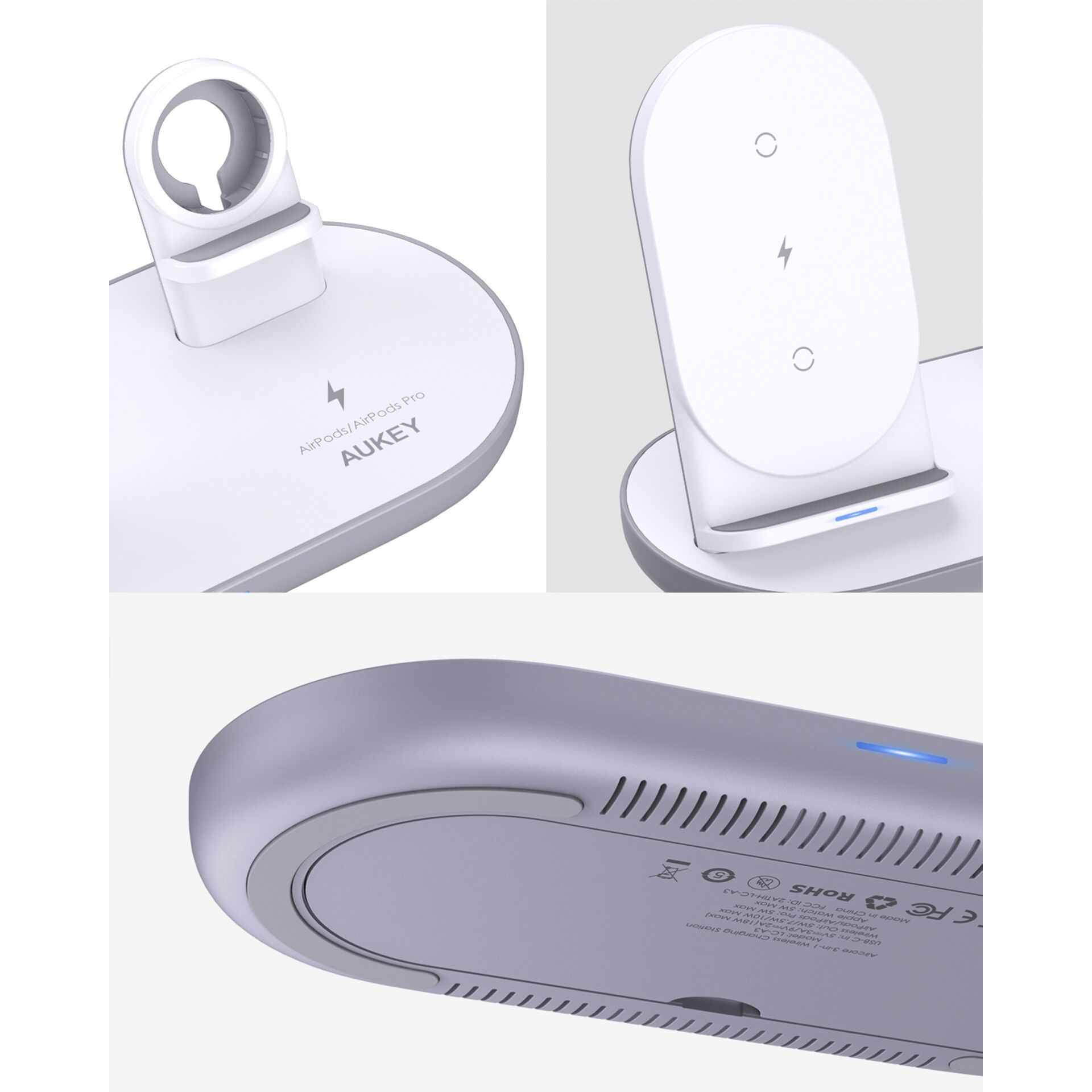 Weiße Ladestation für Apple-Geräte. Zeigt ein Ladepad und eine Ladestation. Aukey ist sichtbar.