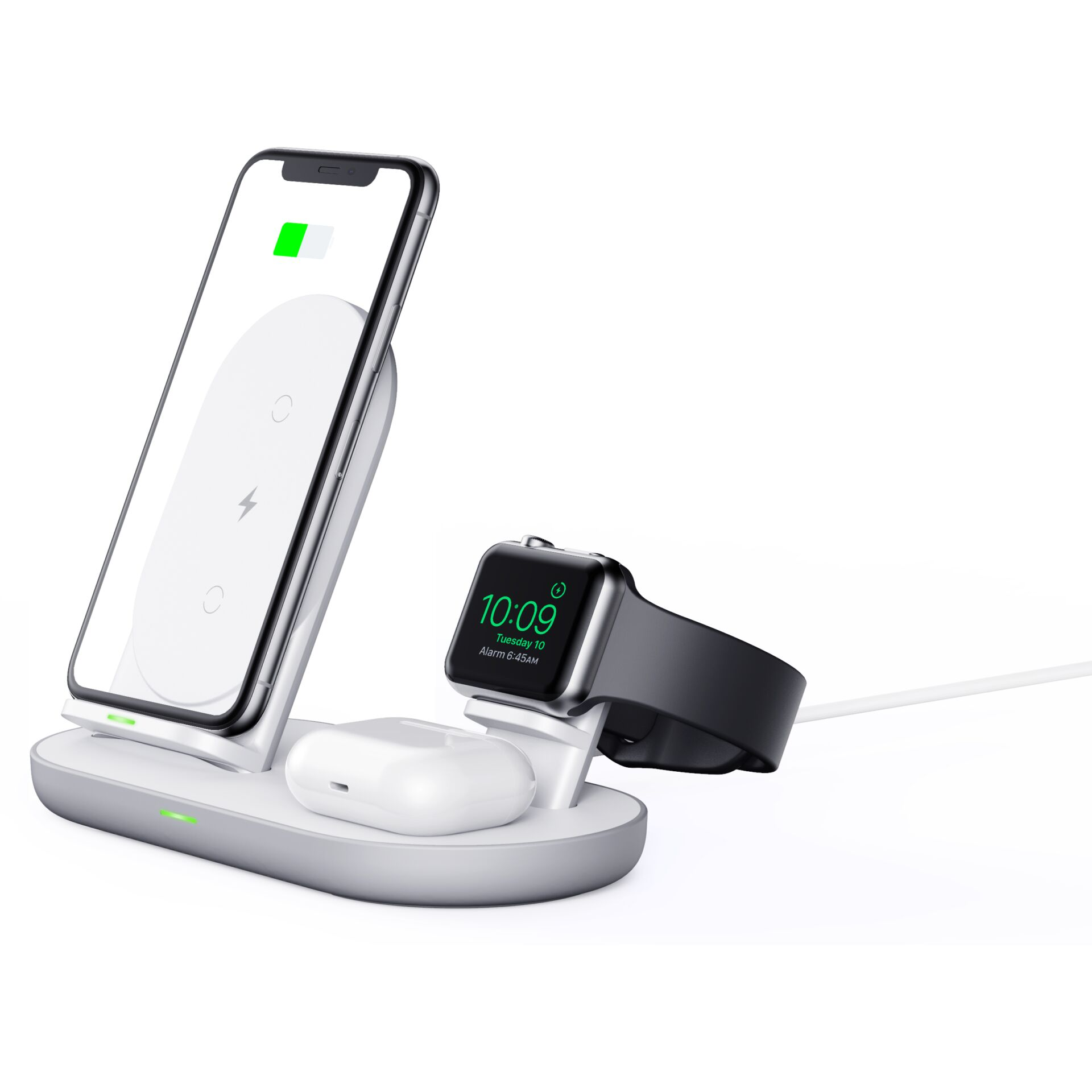 Kabellose Ladestation mit Telefon, Ohrhörern und Uhr. Das Telefon zeigt ein grünes Ladesymbol.