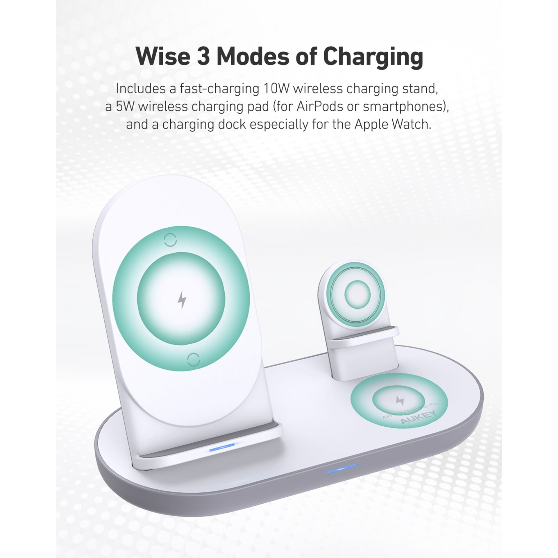 Weißes kabelloses Ladegerät mit drei Ladeflächen. Eine für das Telefon, eine für AirPods und eine für die Apple Watch.
