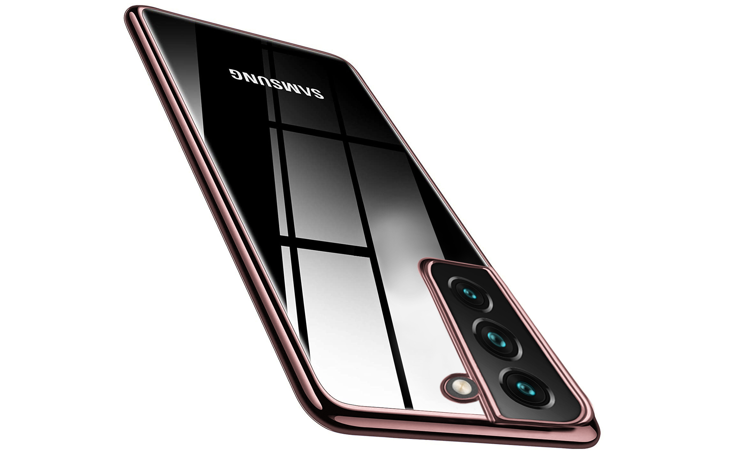 Samsung-Handy mit roségoldfarbenem Rahmen und glänzendem schwarzem Rücken.