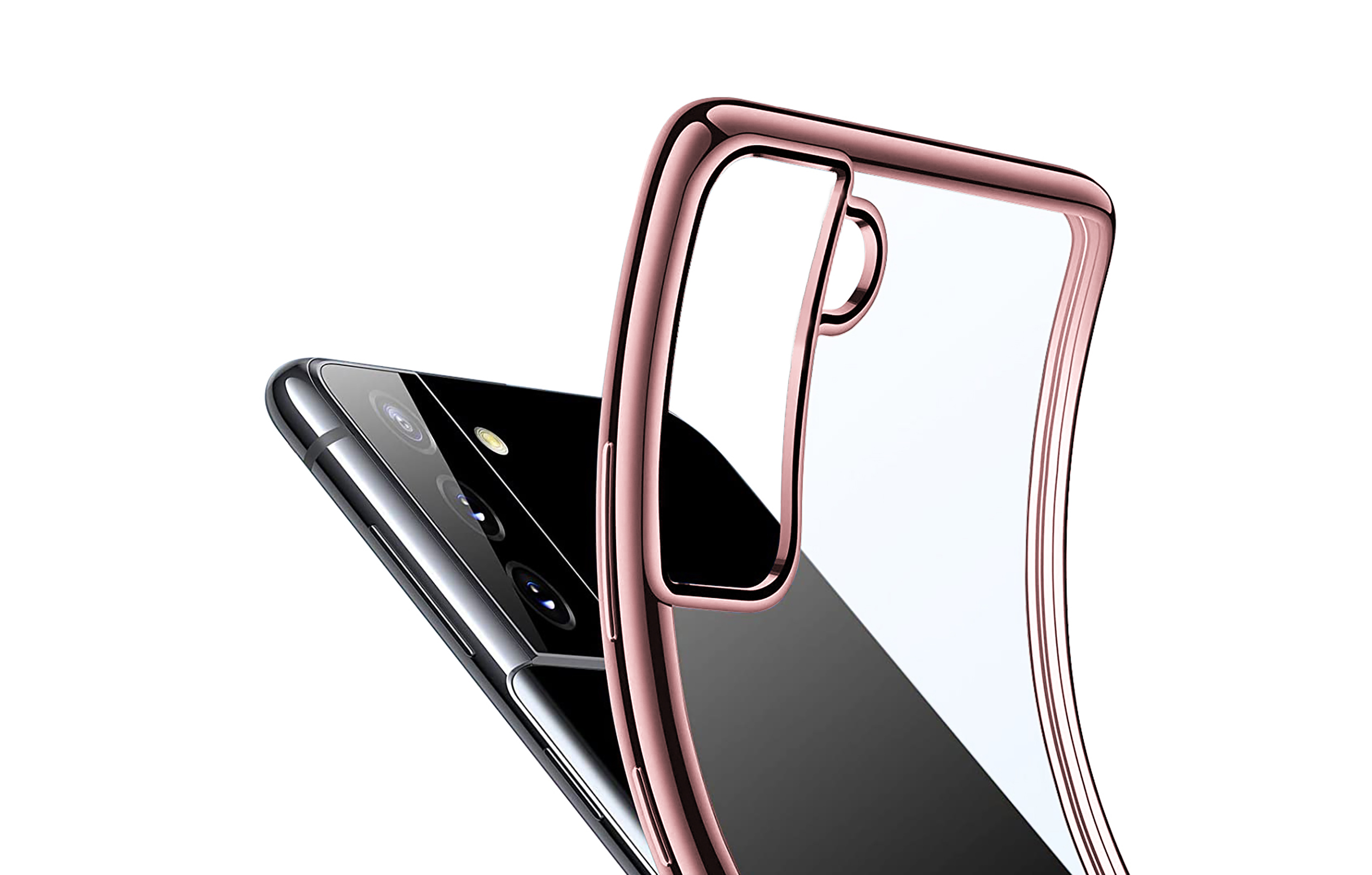 Eine roségoldene Handyhülle um ein schwarzes Telefon auf weißem Hintergrund.