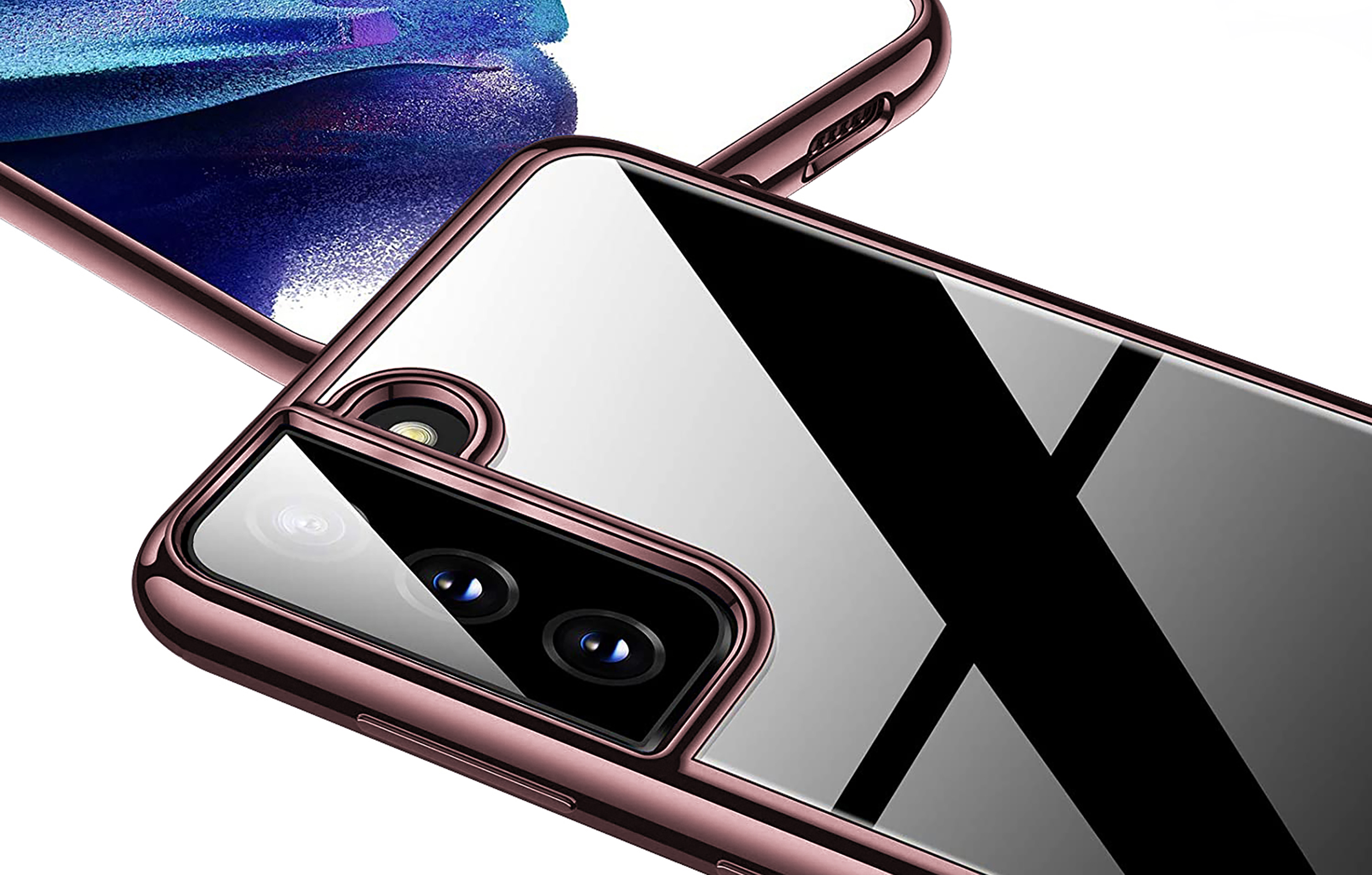 Handyhülle mit metallischem roségoldfarbenem Rahmen und transparenter Rückseite.