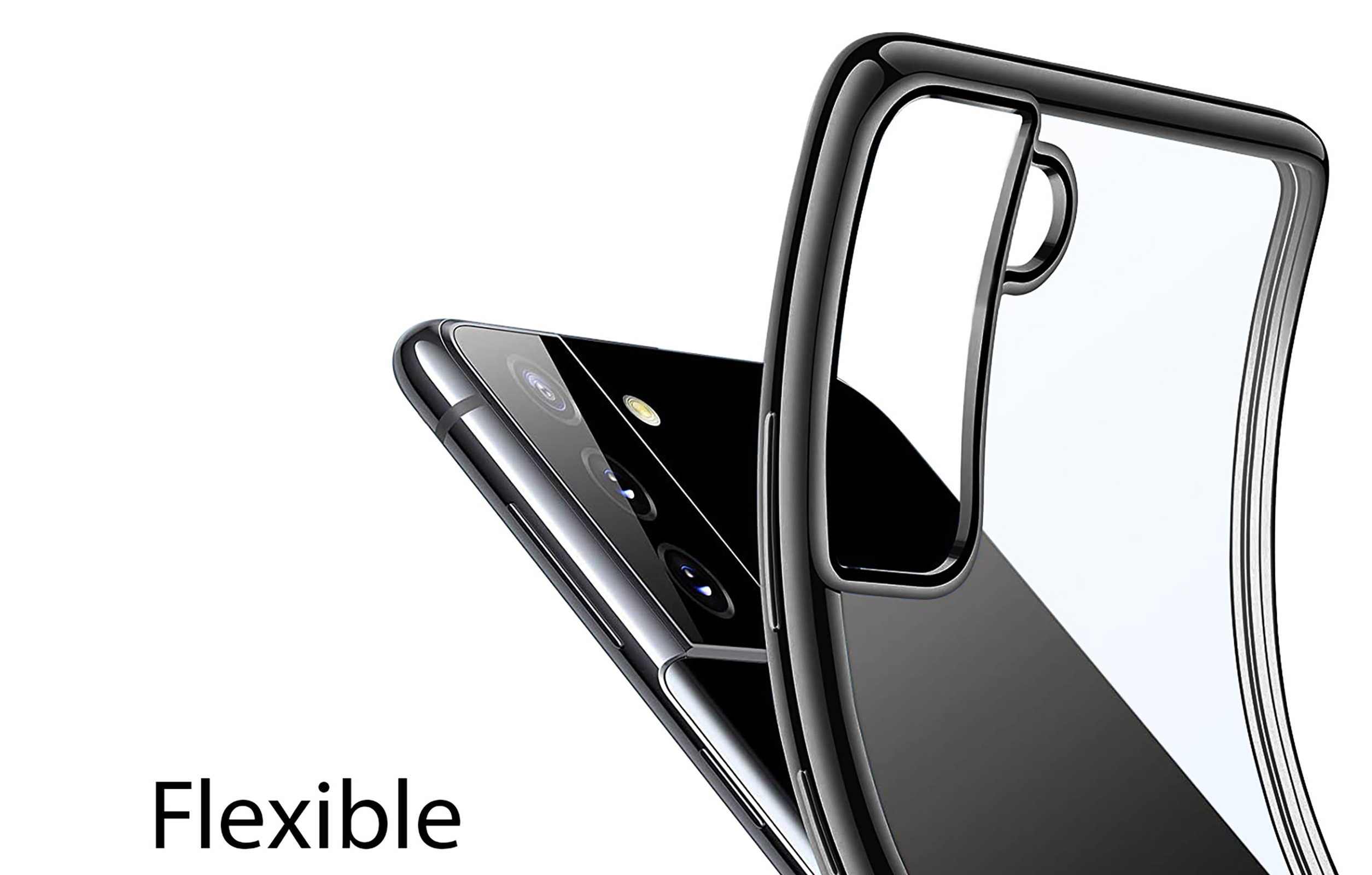 Transparente Handyhülle auf einem Telefon. Weißer Hintergrund. Flexibles Design.