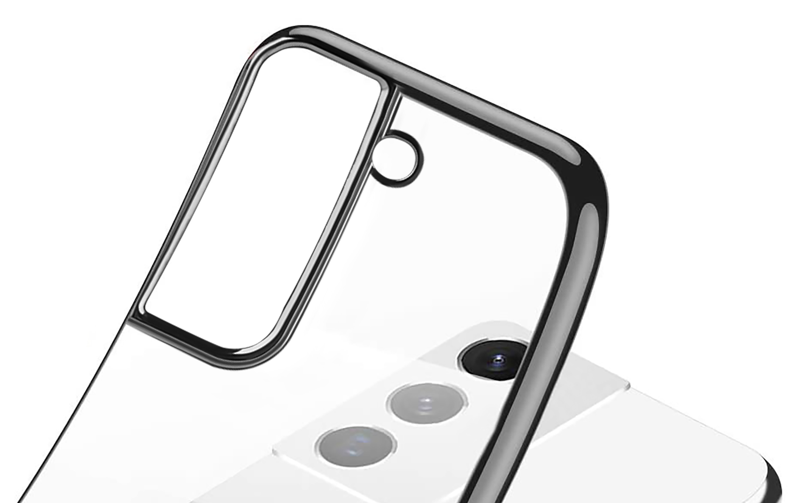 Eine Handyhülle mit schwarzem Rand und einem Kameraloch. Darunter ist ein Telefon teilweise sichtbar.