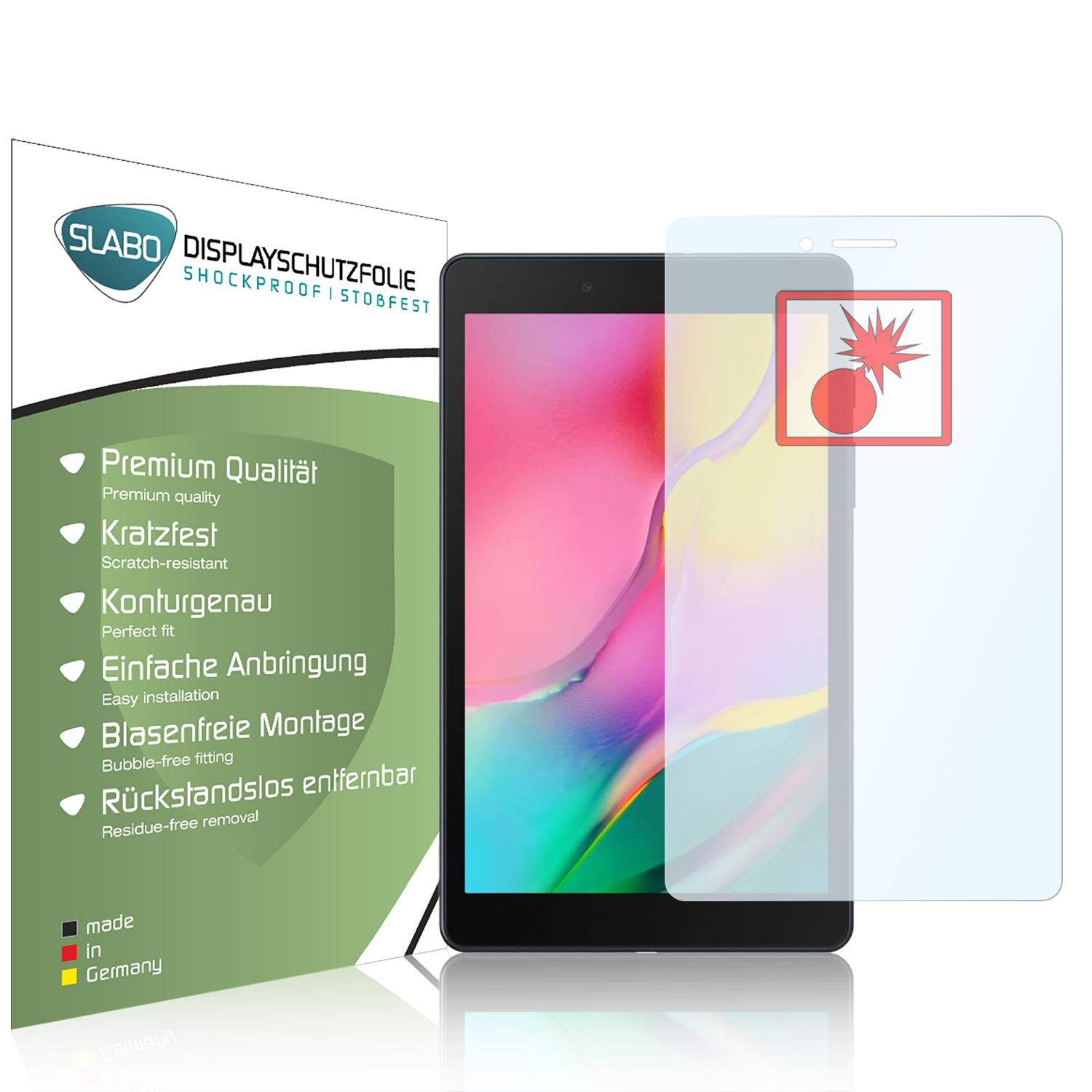 Ein Tablet mit Displayschutzfolie und Verpackung. Der Schutz ist klar und blasenfrei.