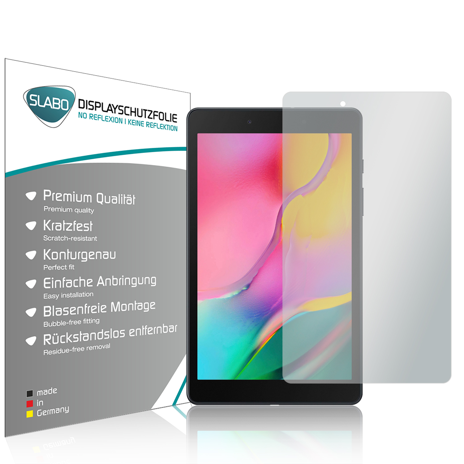 Tablet mit Displayschutzfolie, mit Verpackung, zeigt ein Tablet und eine Displayschutzfolie.