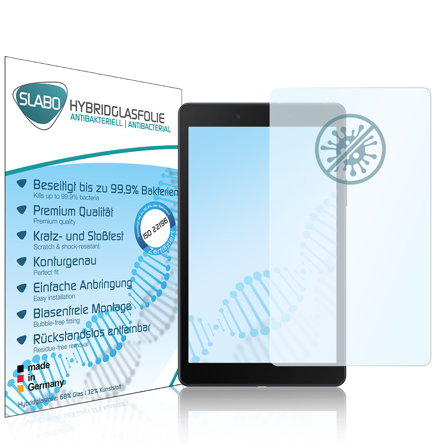 Tablet mit Displayschutz und Verpackung. Text über Bakterienschutz und Installation.