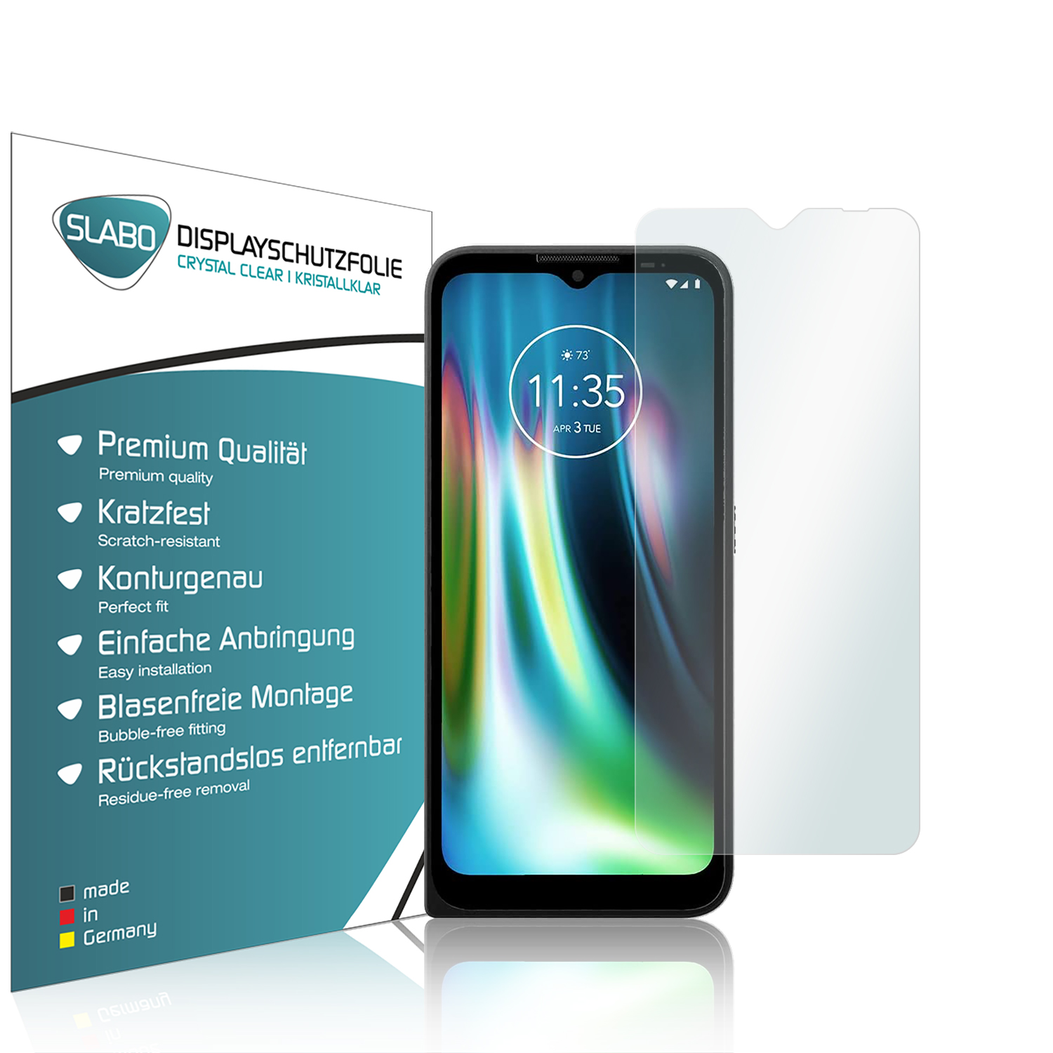 Ein Smartphone mit Displayschutzfolie und Verpackung.