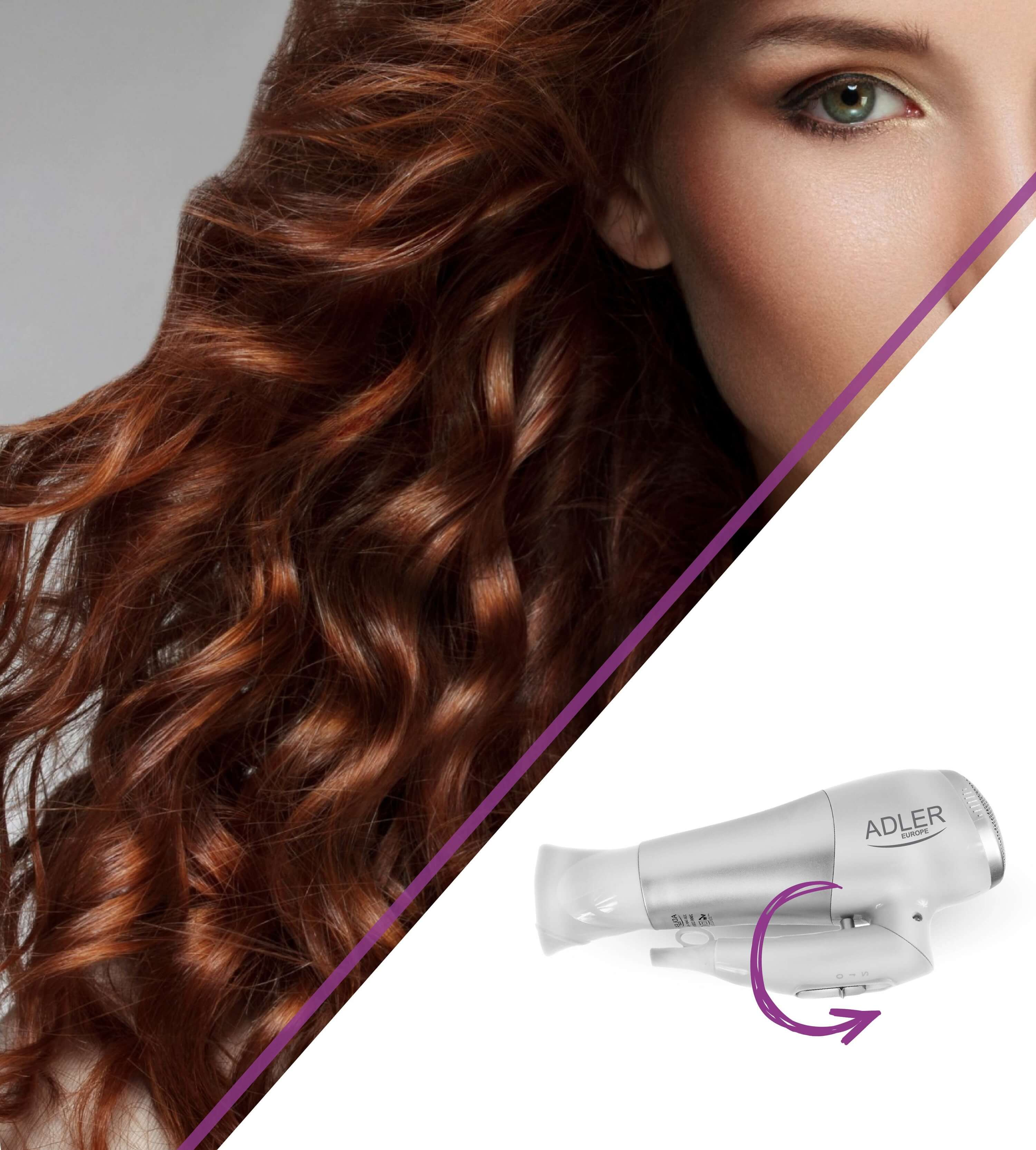 Rostro de mujer y cabello rojo rizado. Un secador de pelo plateado está en la esquina inferior derecha.