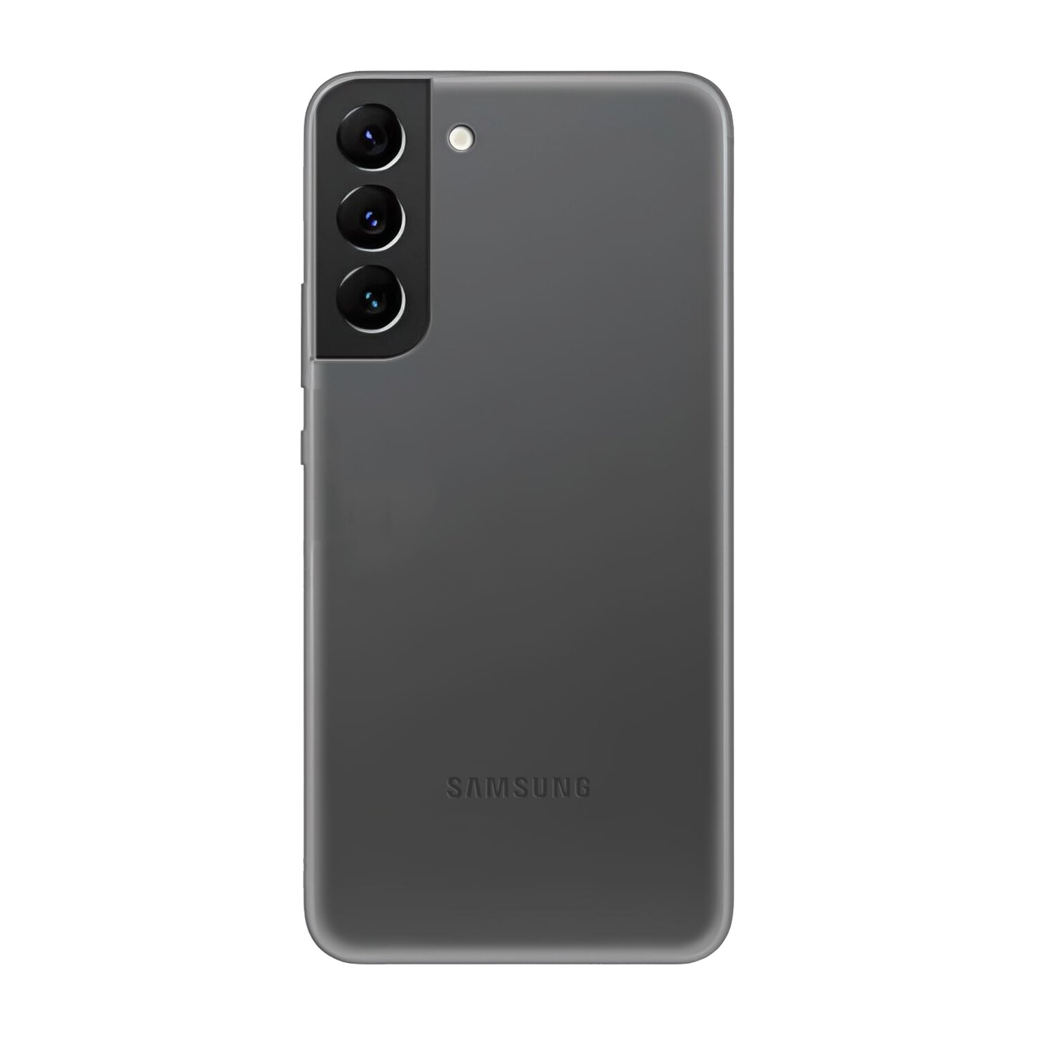 Ein graues Samsung-Telefon mit drei Kameralinsen. Die Rückseite des Telefons ist sichtbar.