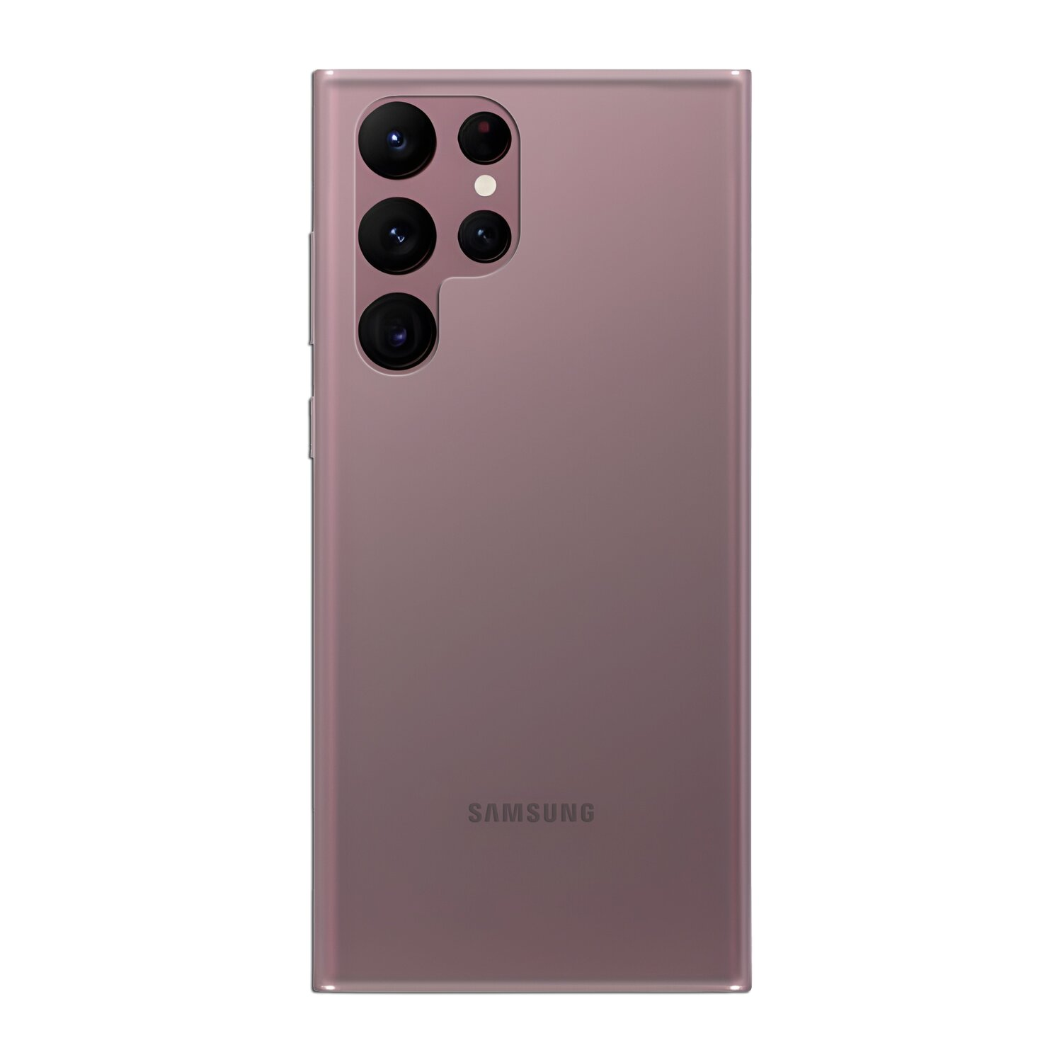Mauve Smartphone Rückseite. Mehrere Kameralinsen, Samsung Logo. Schlankes Design, abgerundete Ecken.