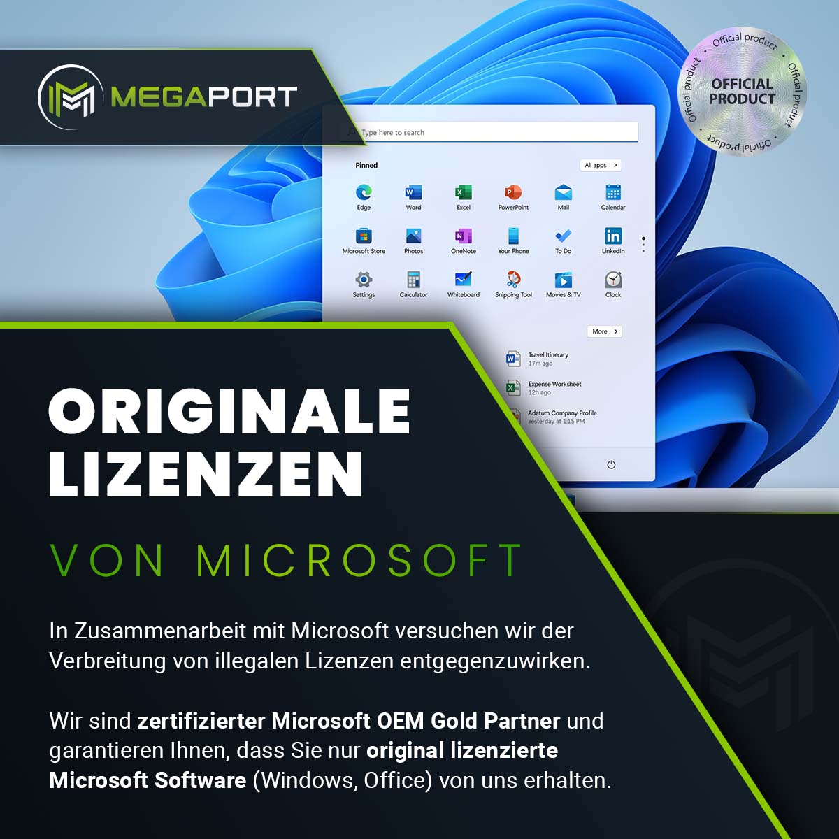 Microsoft Windows Desktop mit Text, Original Lizenzen von Microsoft und Logo. Grüner Hintergrund.