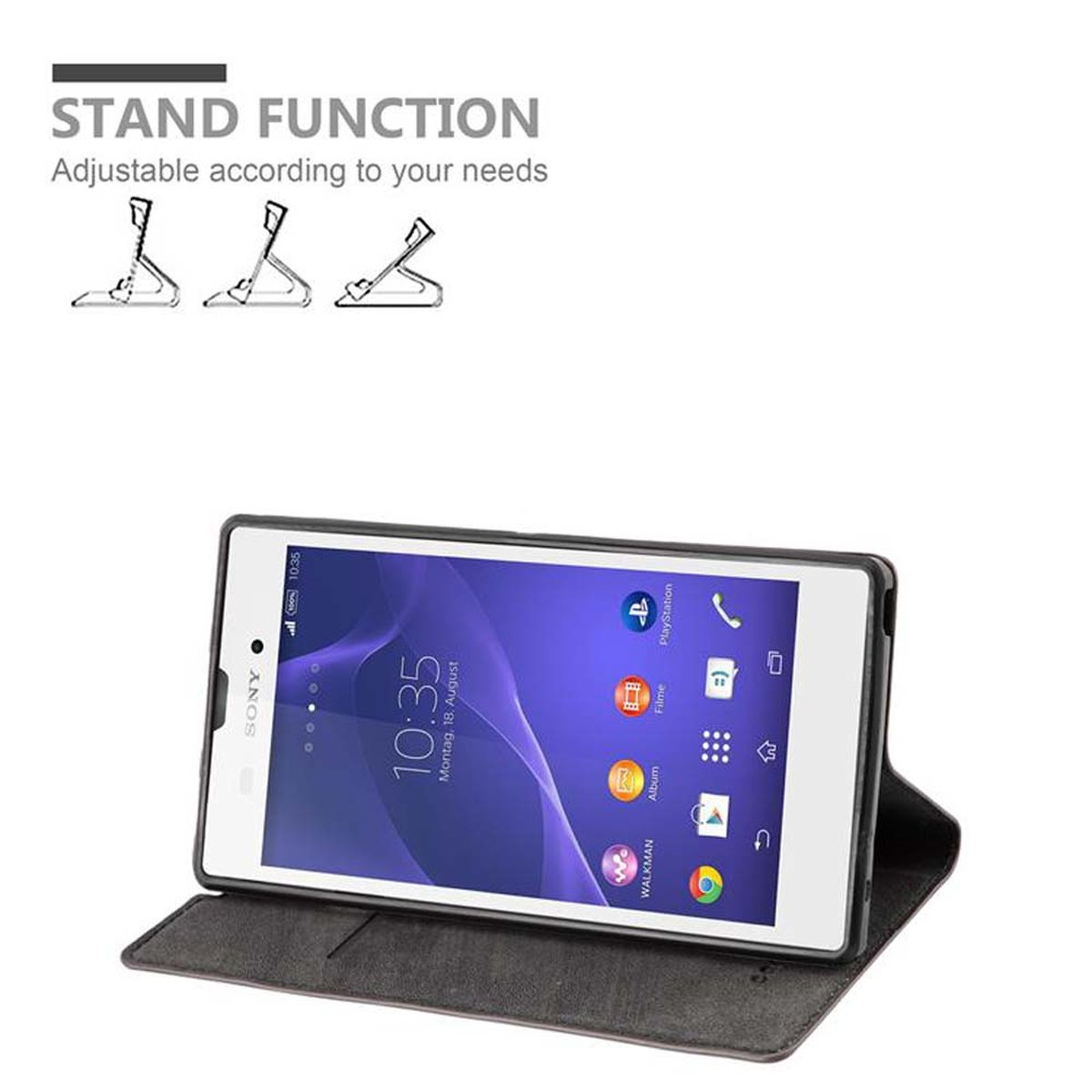 Ein Telefon in einem Gehäuse, aufgeklappt. Zeigt einen Telefonbildschirm.