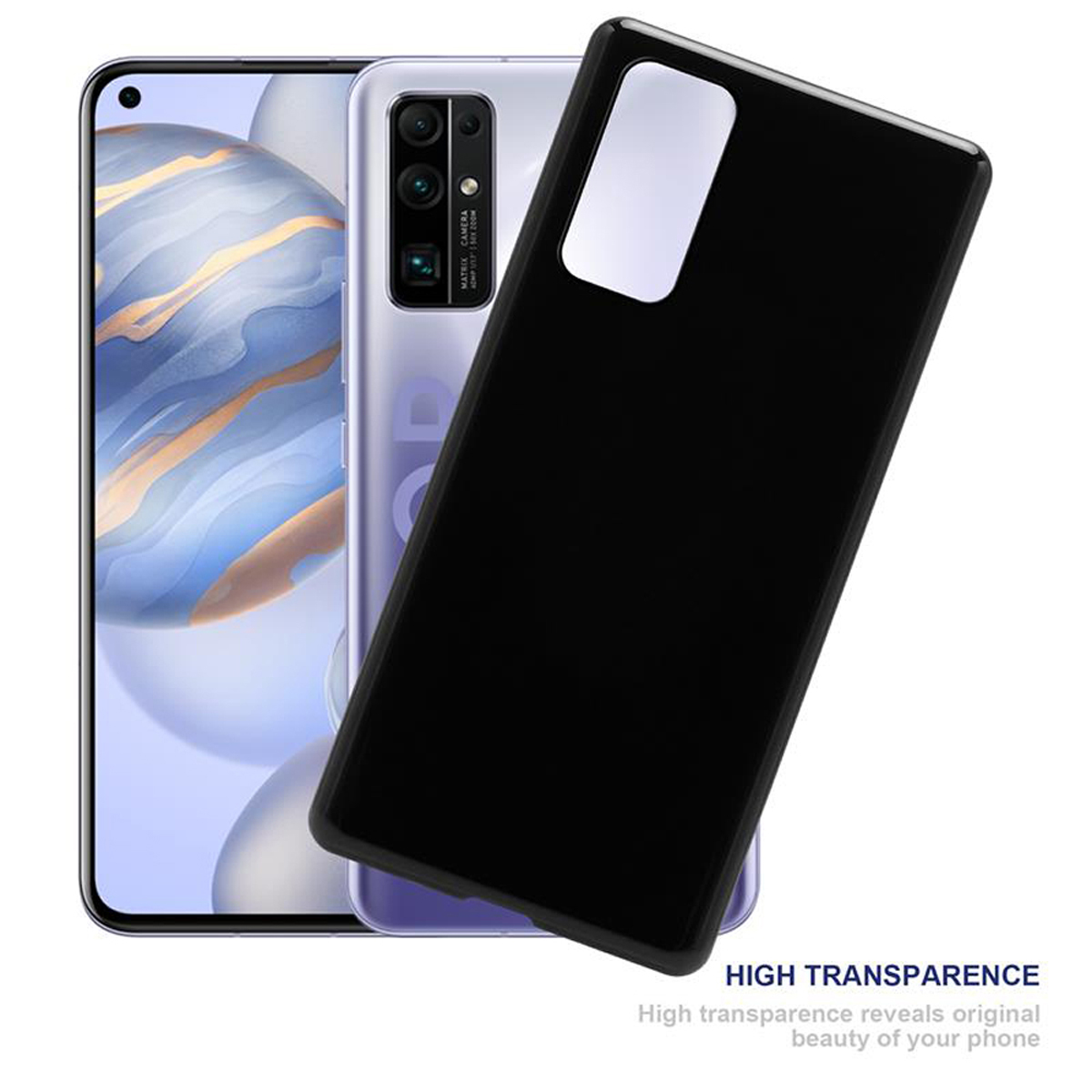 Schwarze Handyhülle auf einem Telefon, mit einem zweiten Telefon dahinter.