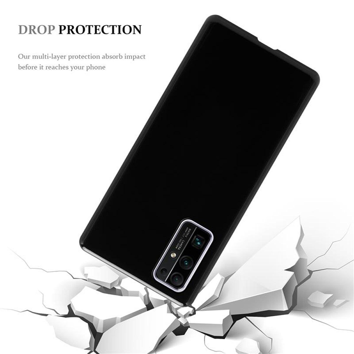 Schwarze Handyhülle auf zerbrochenem Boden, zeigt die Handykamera. Text: DROP PROTECTION.
