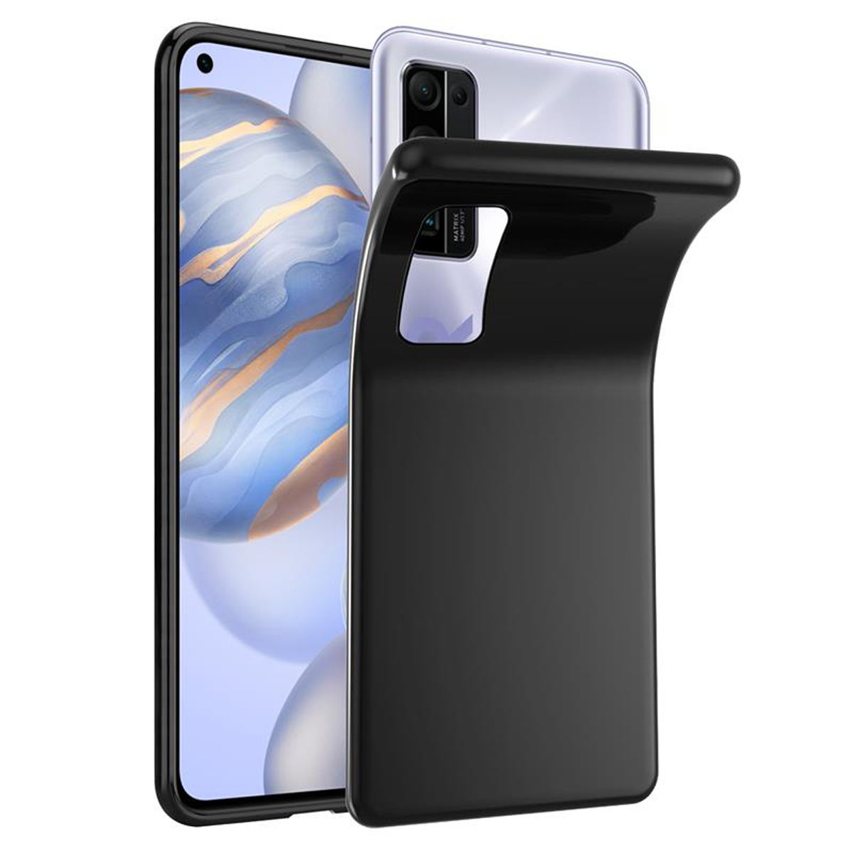 Schwarze Handyhülle auf einem Telefon. Die Hülle ist gebogen und hat einen Kameraausschnitt.