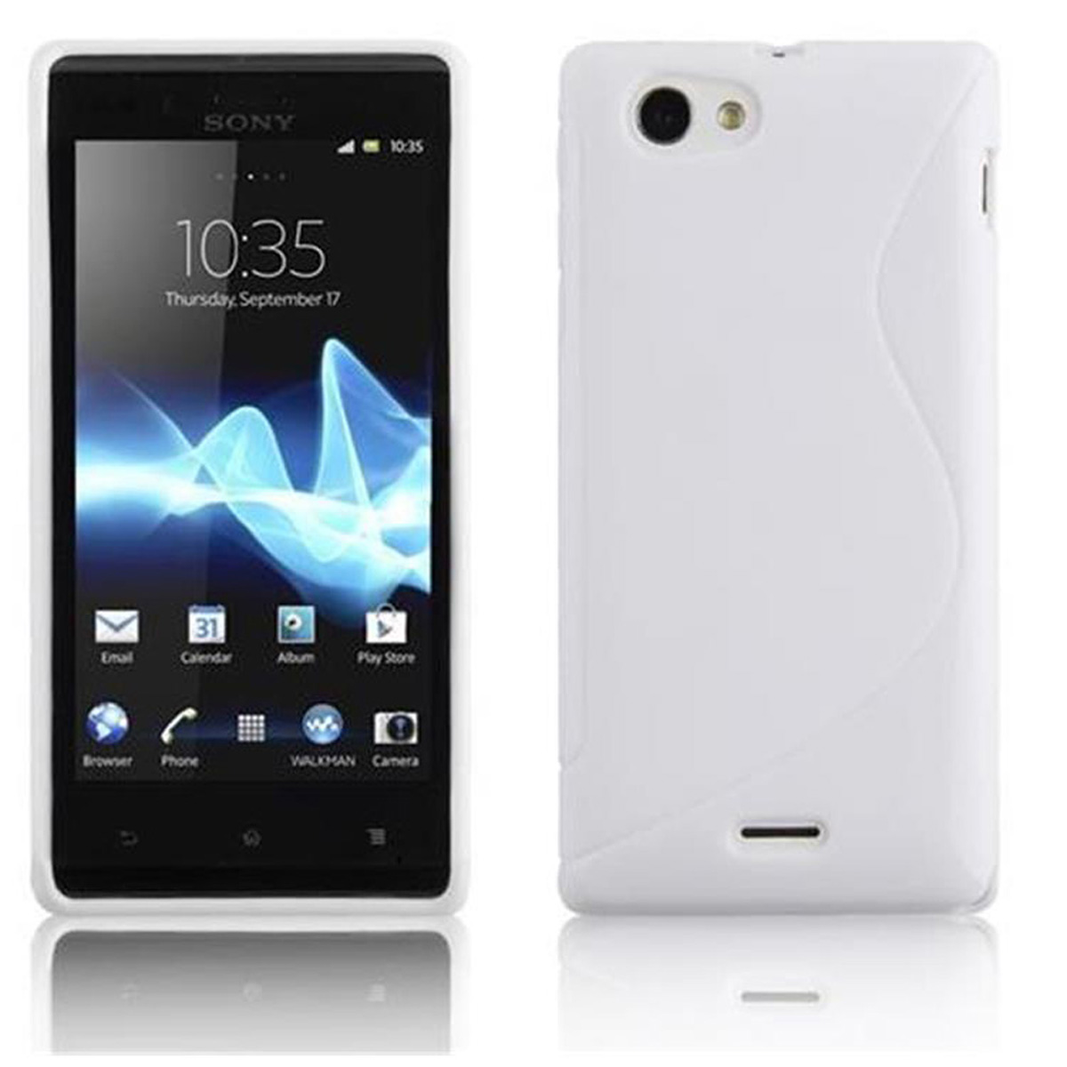 Teléfono blanco con funda blanca. Fondo blanco.