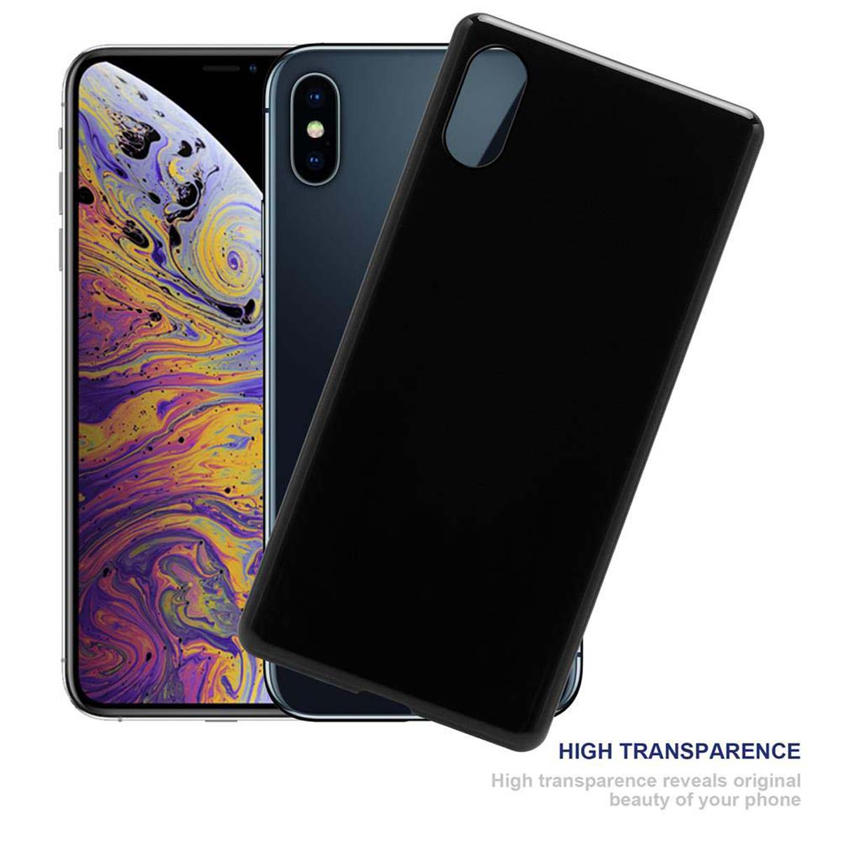 Zwei Telefone, eine schwarze Handyhülle und die Worte High Transparence.