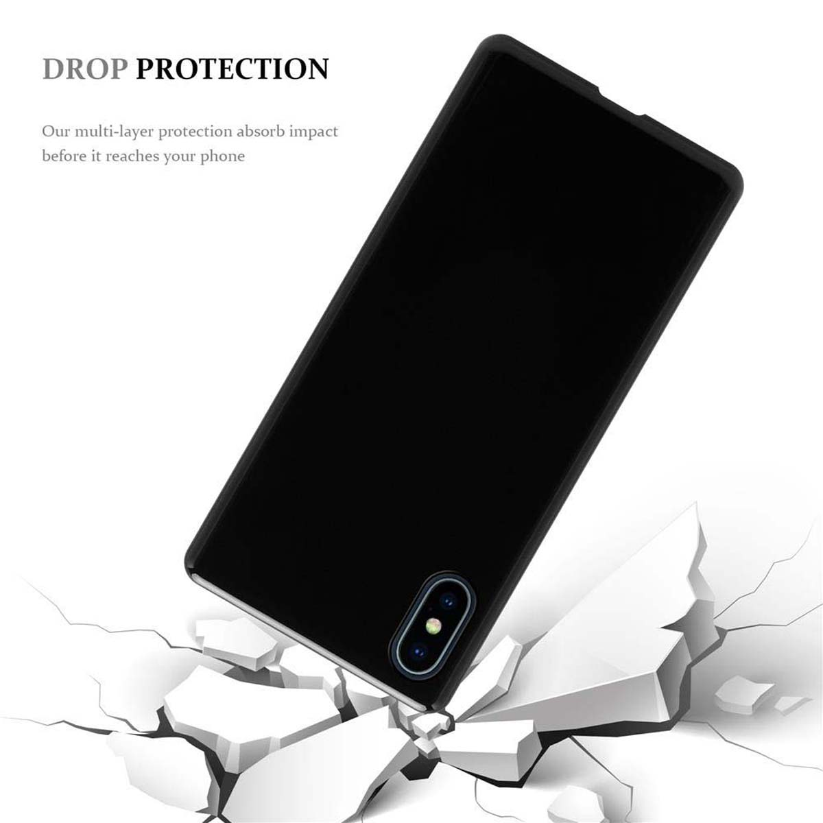Eine schwarze Handyhülle mit einem schwarzen Telefon, das auf zerbrochenen Teilen liegt.