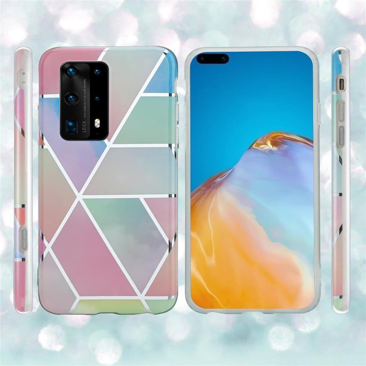 Custodia per telefono con motivo geometrico colorato e sfondo bianco.