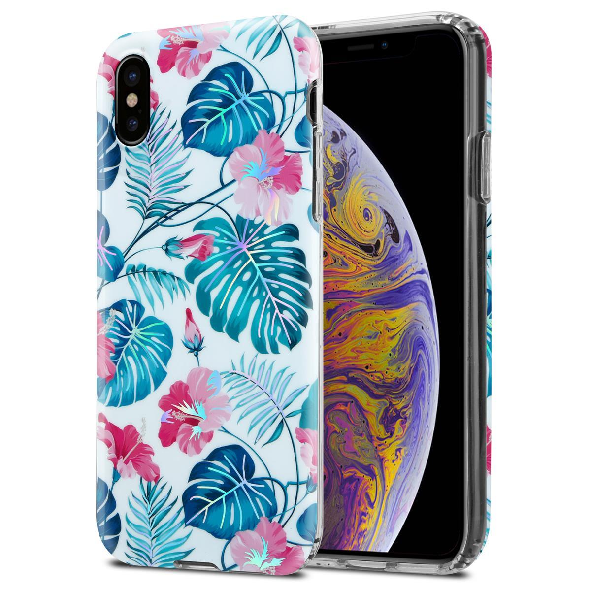 Custodia bianca per telefono con motivo floreale. Il telefono è nella custodia. Sfondo bianco.