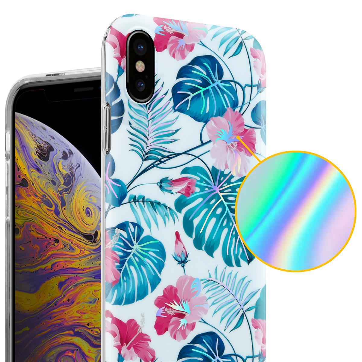 Una custodia per telefono con un motivo floreale. Una riflessione simile all'arcobaleno è mostrata sullo sfondo.