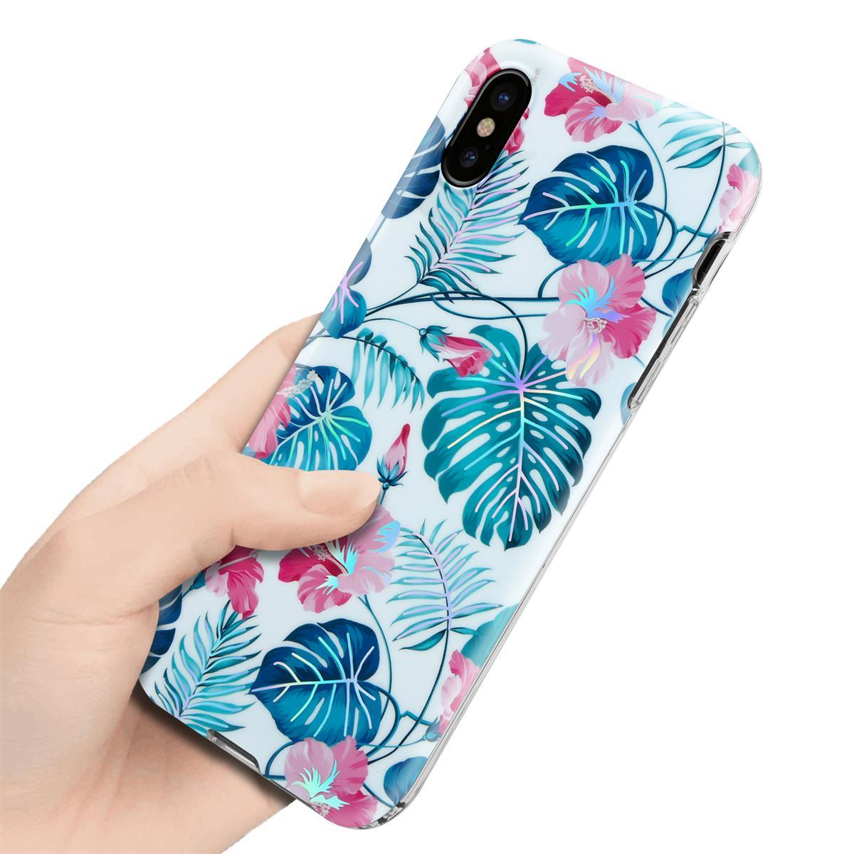 Una mano che tiene una custodia per telefono con un design floreale. La custodia ha uno sfondo bianco e fiori colorati.