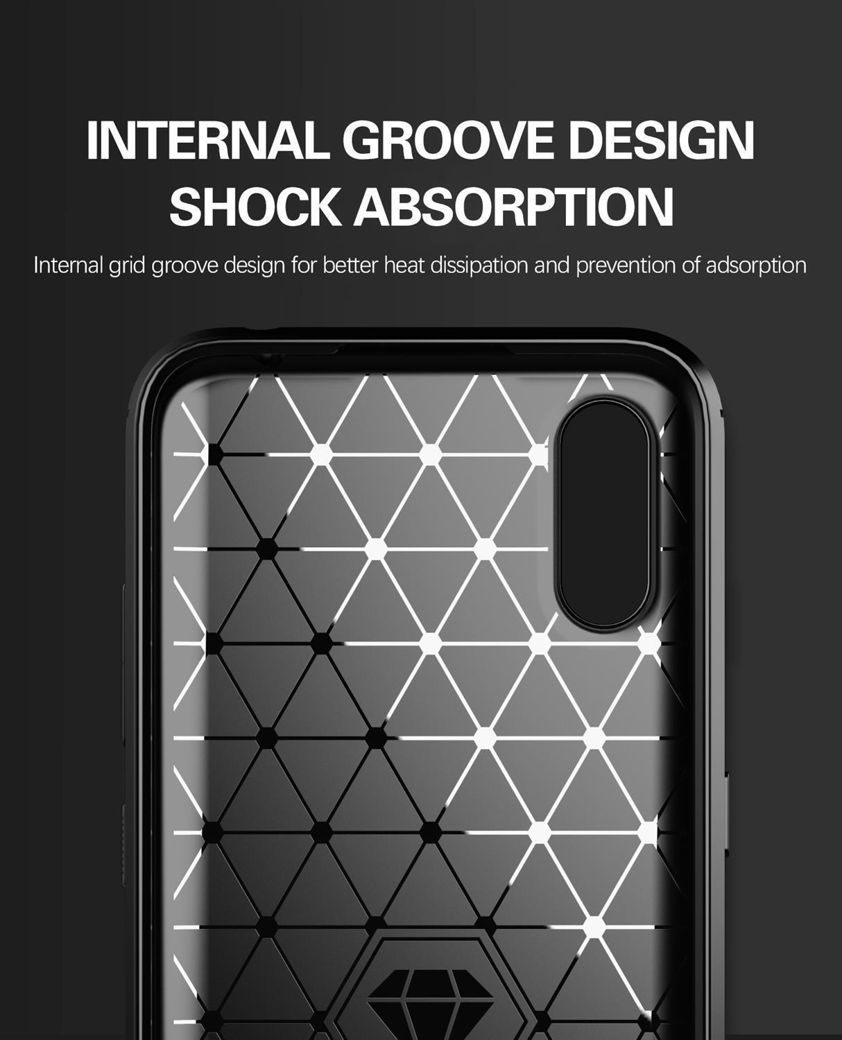 Custodia nera per telefono con motivo geometrico, vista ravvicinata. Sfondo nero.