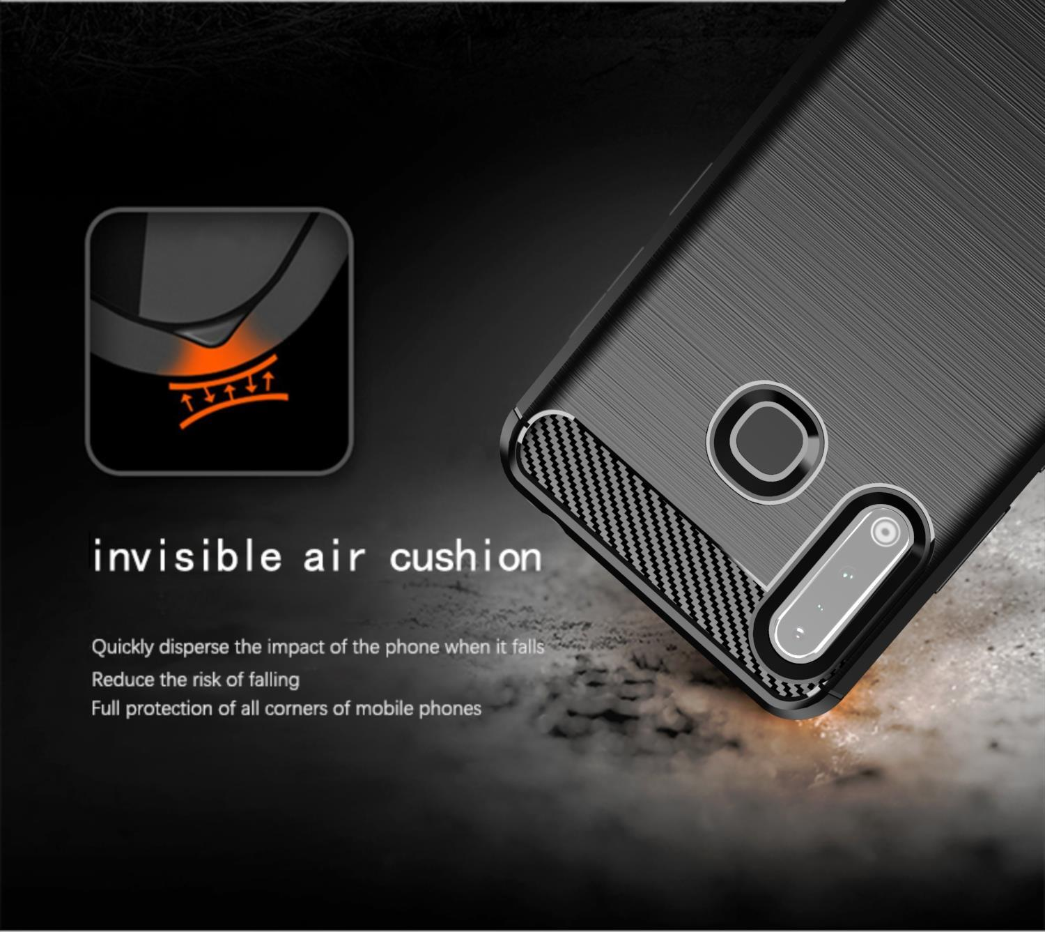 Custodia per telefono nera con design strutturato e un piccolo diagramma. Testo: invisible air cushion. Sfondo nero.