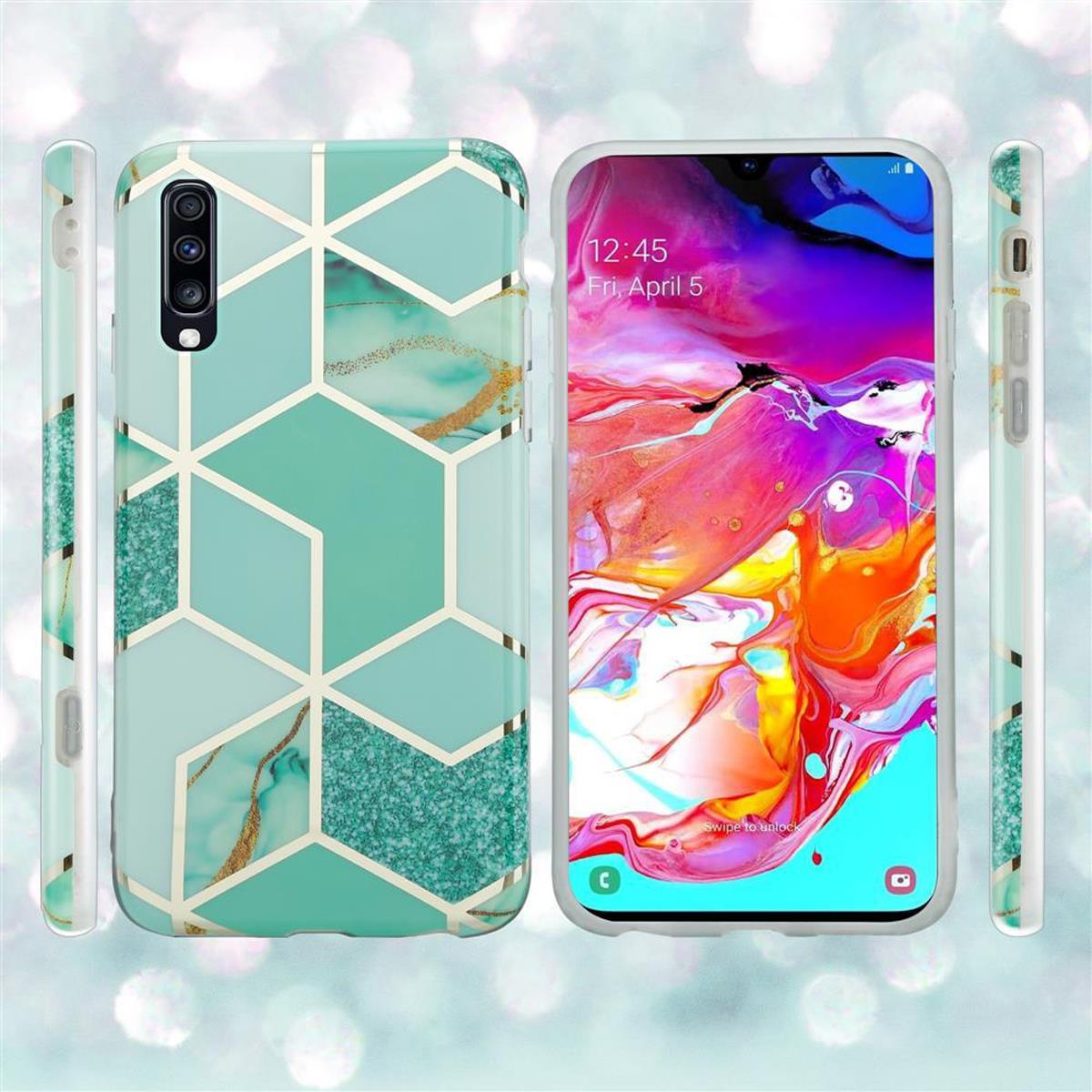 Una custodia con un motivo geometrico e uno schermo del telefono che mostra un'immagine colorata.