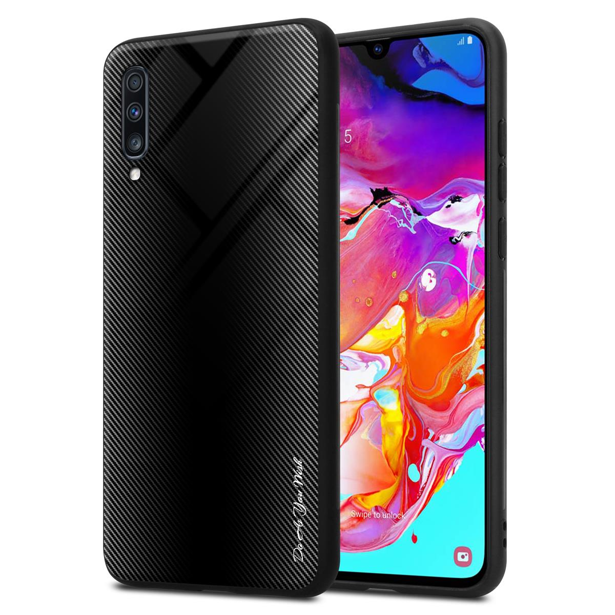 Custodia nera con design testurizzato, che copre un telefono con schermo.