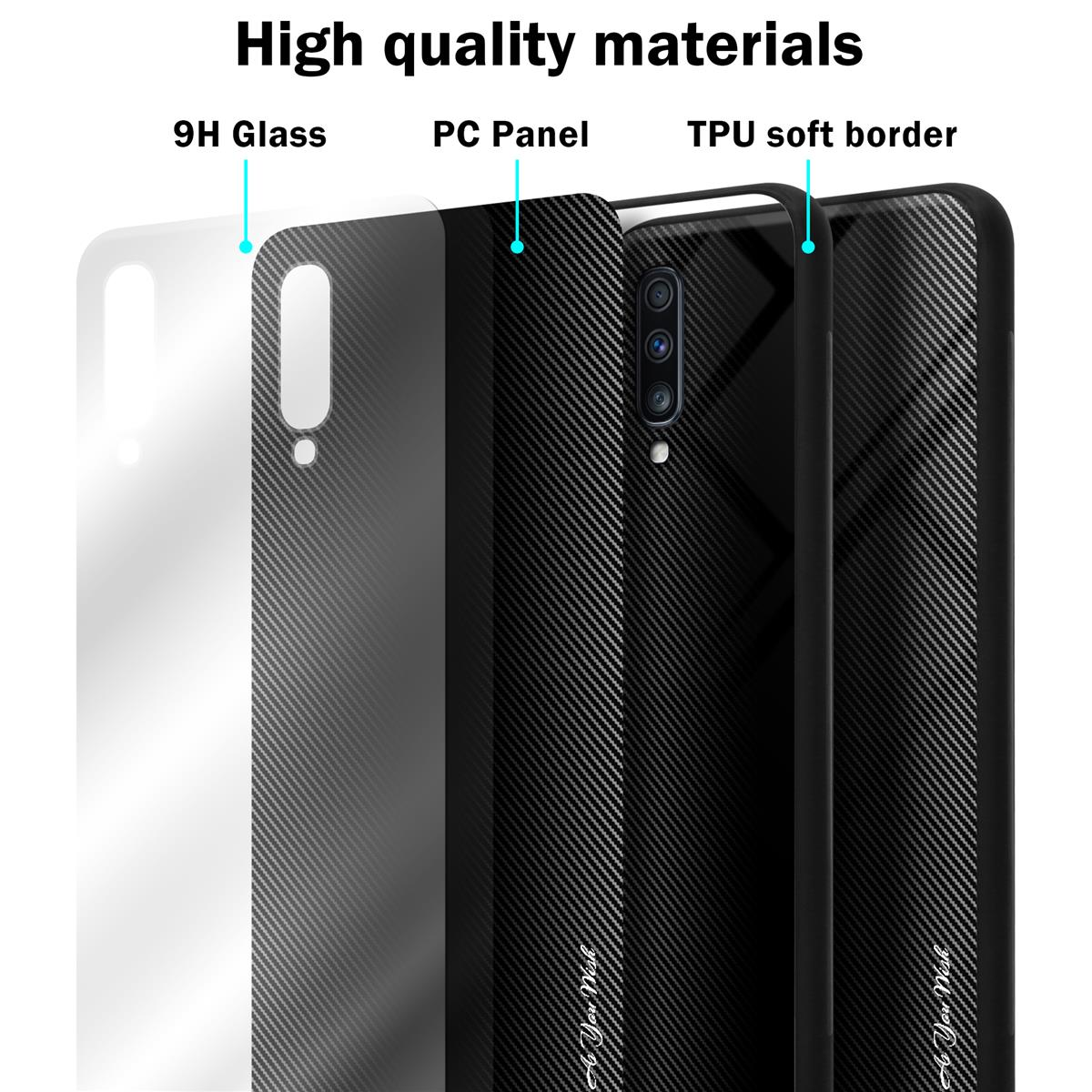 Diagramma degli strati della custodia del telefono: vetro 9H, pannello PC e bordo morbido in TPU, evidenziando i materiali.
