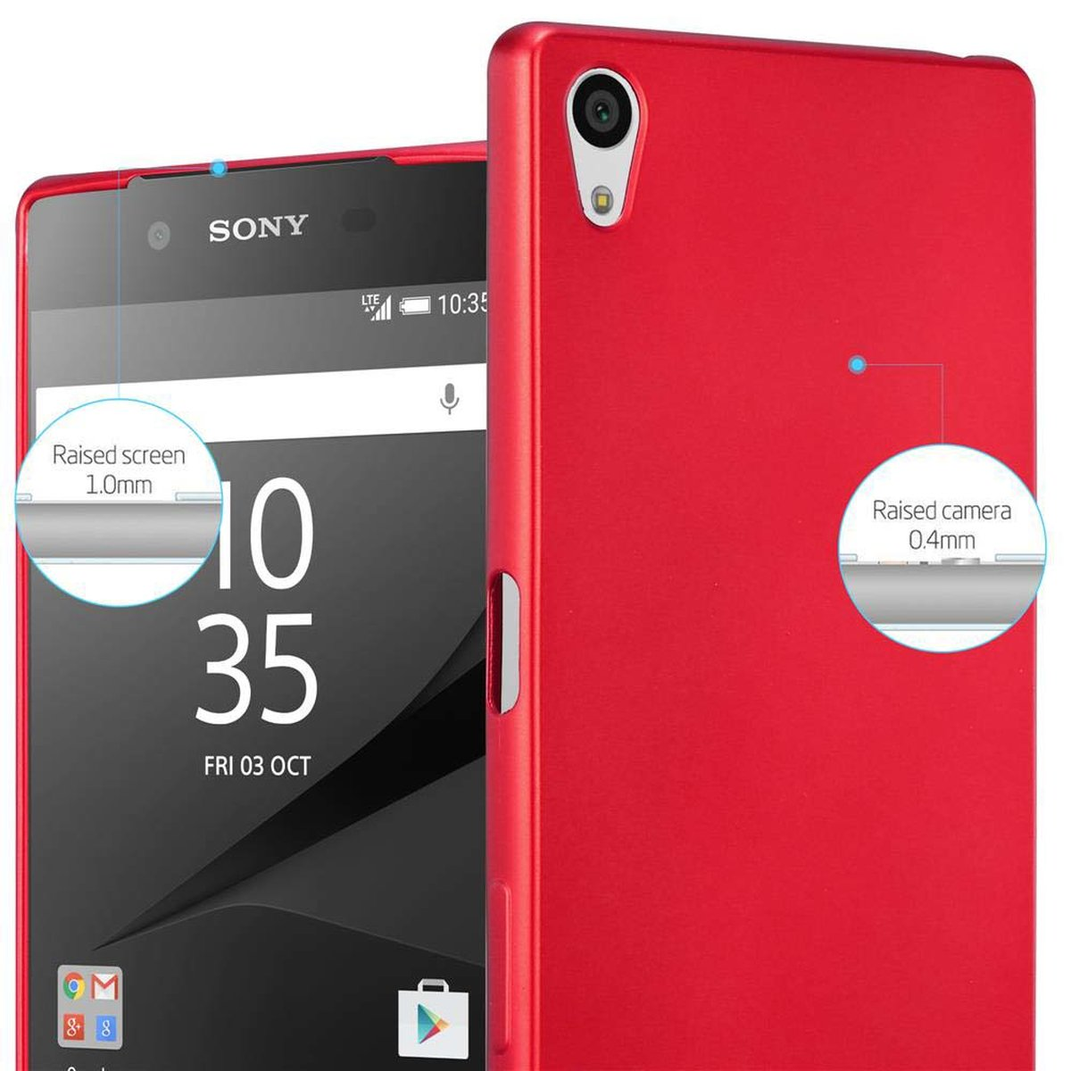 Telefono rosso con schermo acceso e custodia. Testo: Sony, LTE, 10:35 e altri dettagli sono visibili.