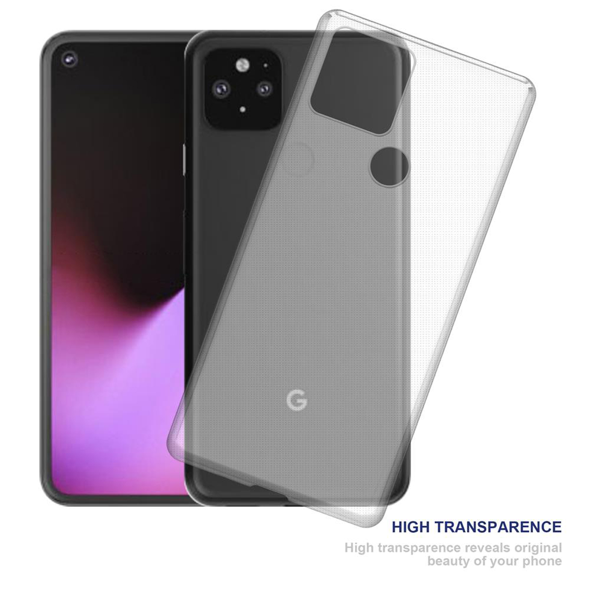 Smartphone nero e grigio con custodia trasparente. Testo: ALTA TRASPARENZA.
