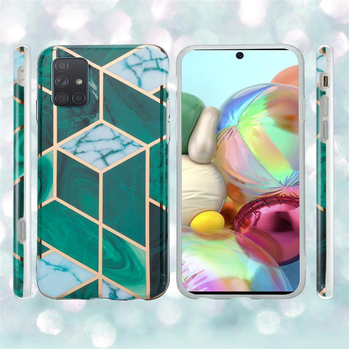 Una custodia per telefono con un motivo verde e oro, con schermo visibile.