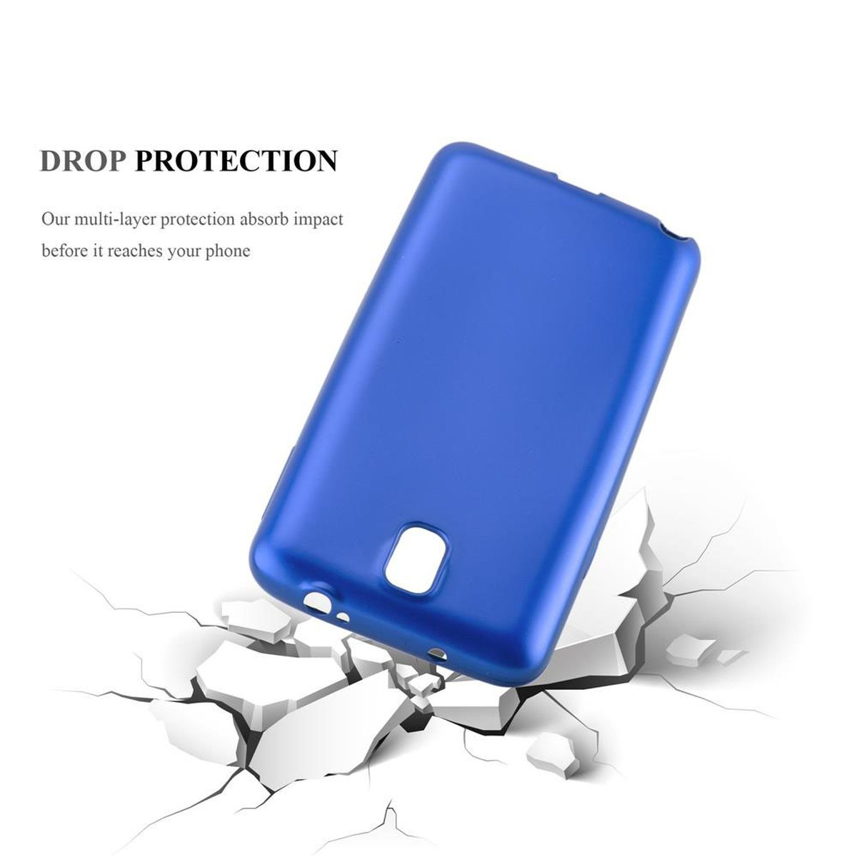 Eine blaue Handyhülle ist gegen eine zerbrochene weiße Oberfläche geneigt, mit dem Text 'DROP PROTECTION'.