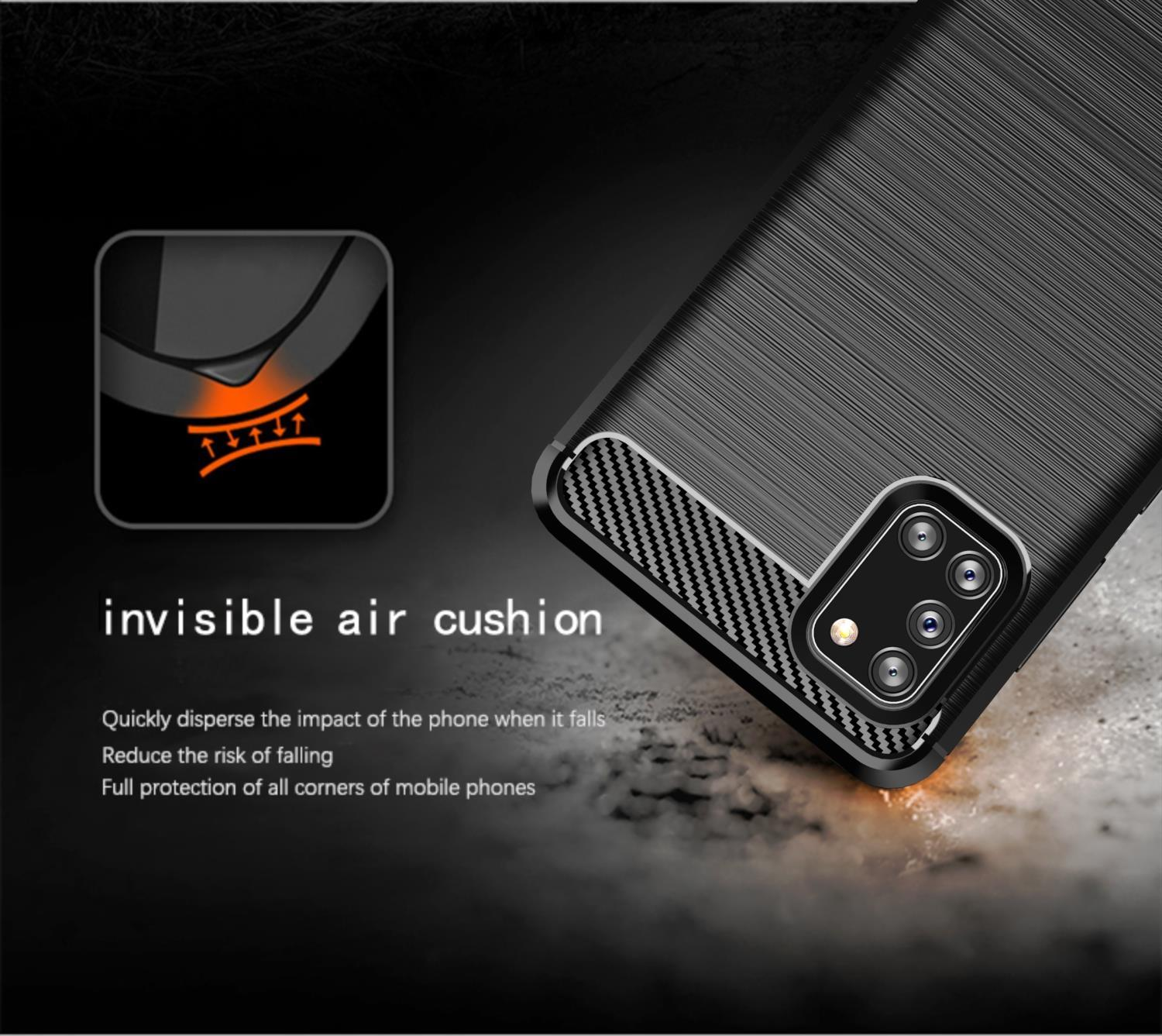 Custodia per telefono nera con design strutturato e un piccolo diagramma. Testo: invisible air cushion. Sfondo nero.