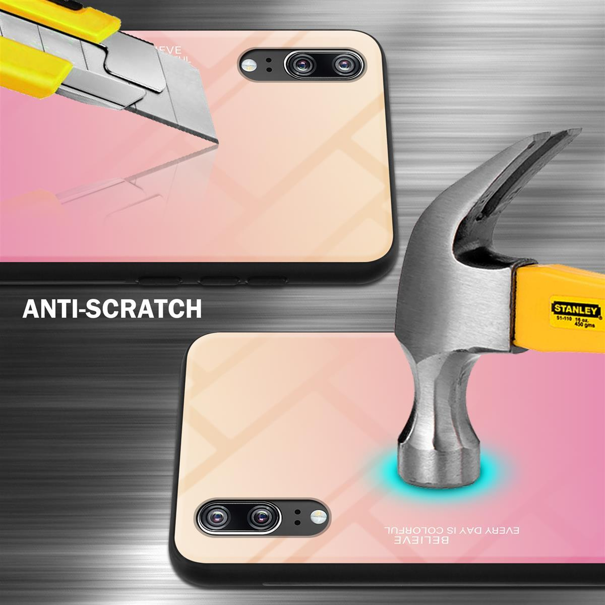 Handyhülle mit farbenfrohem Design. Die Hülle wird mit einem Messer zerkratzt und mit einem Hammer geschlagen.