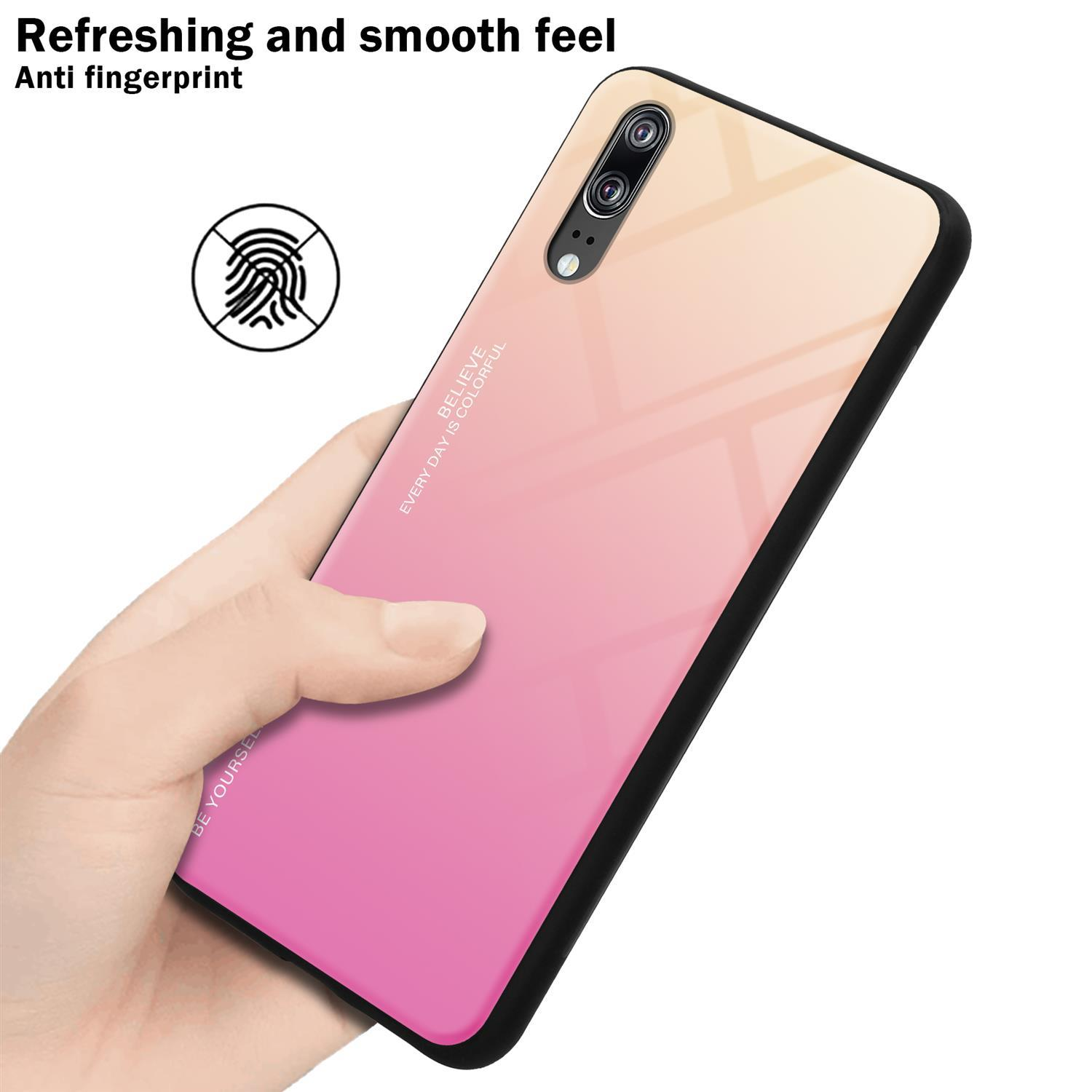 Hand hält Handyhülle mit pink-orange Farbverlauf. Die Hülle ist für ein Telefon.